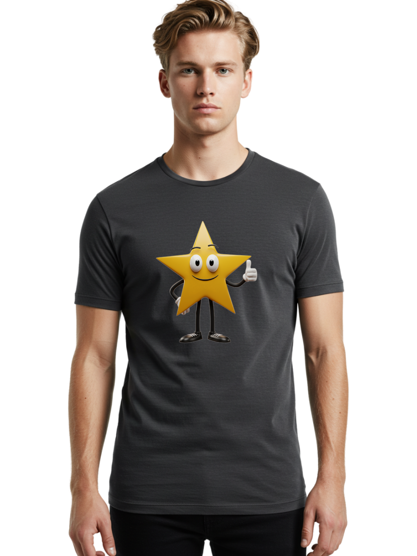 Star-Character-6 Men'S Graphic Tee, 100% Cotton, Comfortable Casual Summer Wear, Machine Washable, Smiling Star Character, Thumbs Up Gesture, Cartoon Style, Friendly Expression, Happy Mood, Positive Vibes, Yellow Star, Black Legs And Shoes, Bae782