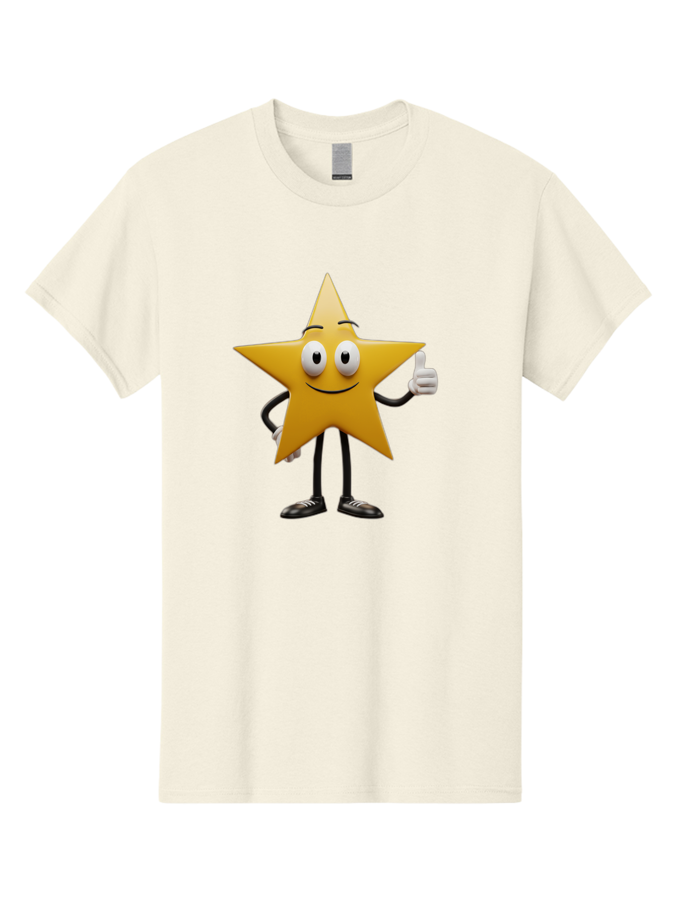 Star-Character-6 Men'S Graphic Tee, 100% Cotton, Comfortable Casual Summer Wear, Machine Washable, Smiling Star Character, Thumbs Up Gesture, Cartoon Style, Friendly Expression, Happy Mood, Positive Vibes, Yellow Star, Black Legs And Shoes, Bae782