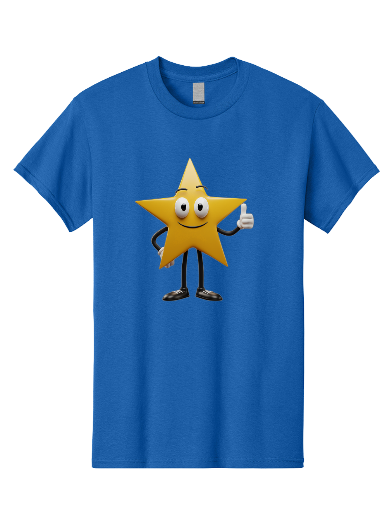 Star-Character-6 Men'S Graphic Tee, 100% Cotton, Comfortable Casual Summer Wear, Machine Washable, Smiling Star Character, Thumbs Up Gesture, Cartoon Style, Friendly Expression, Happy Mood, Positive Vibes, Yellow Star, Black Legs And Shoes, Bae782