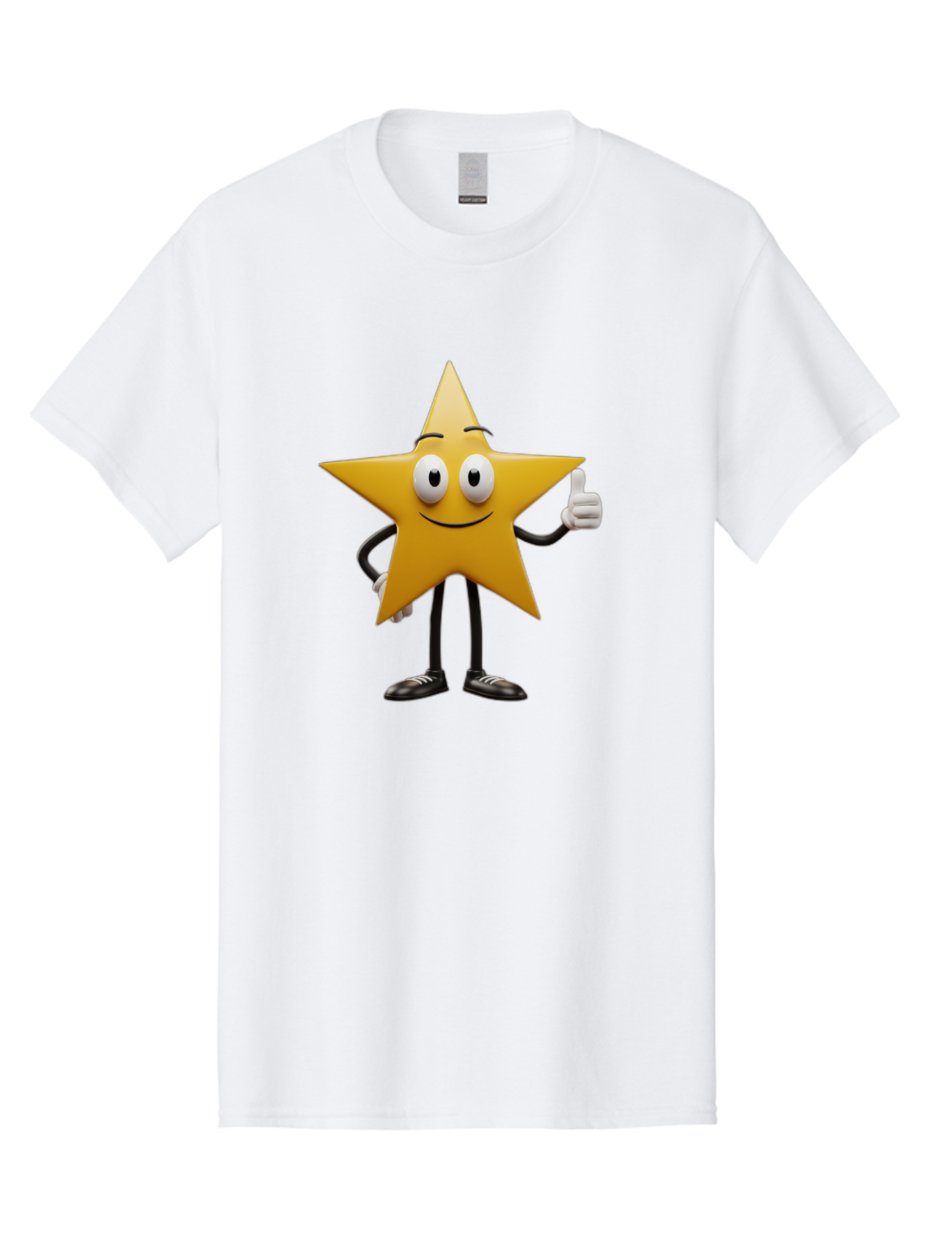 Star-Character-6 Men'S Graphic Tee, 100% Cotton, Comfortable Casual Summer Wear, Machine Washable, Smiling Star Character, Thumbs Up Gesture, Cartoon Style, Friendly Expression, Happy Mood, Positive Vibes, Yellow Star, Black Legs And Shoes, Bae782