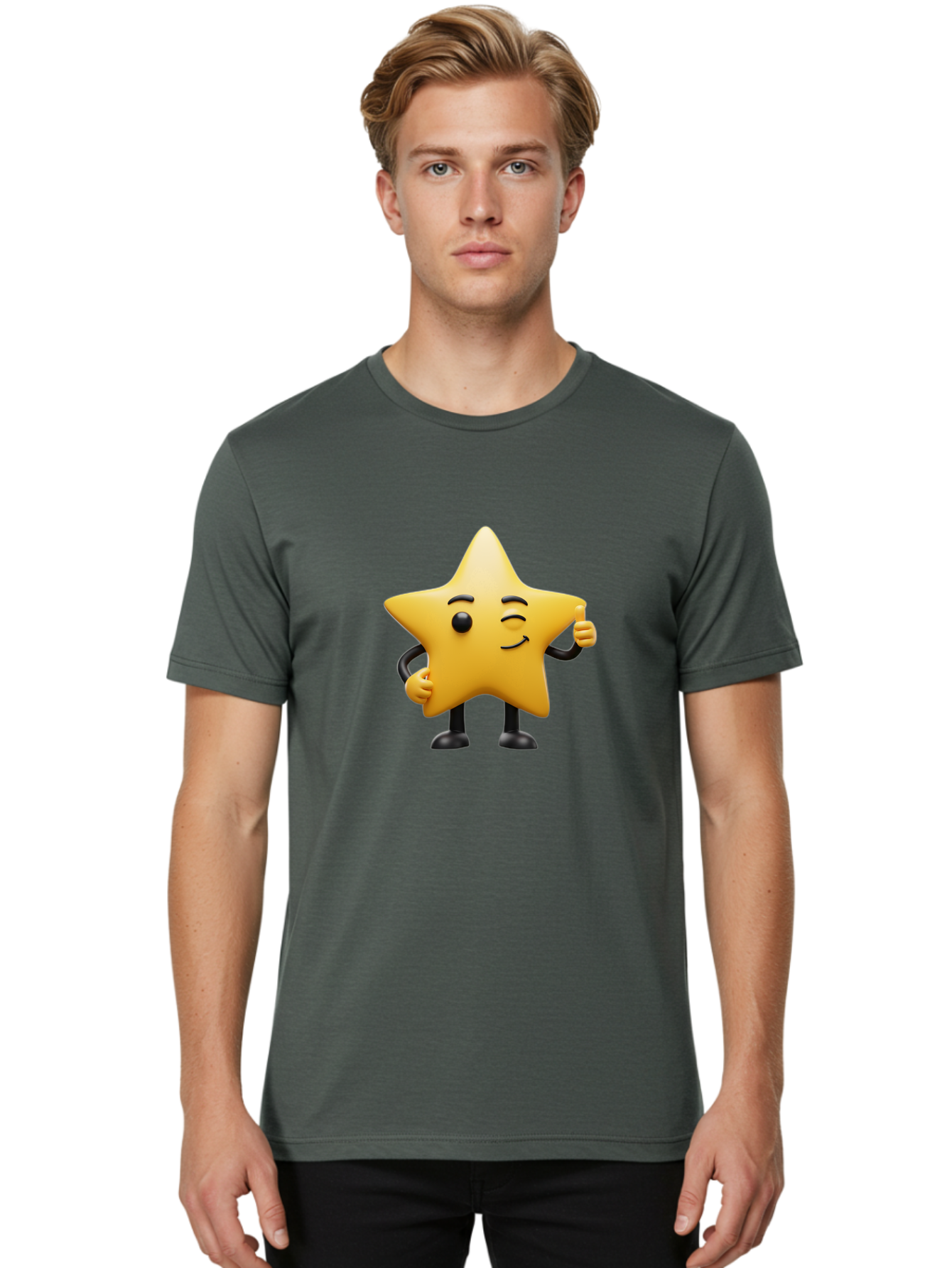 Star-Character-7 Men'S Graphic Tee, 100% Cotton, Comfortable Casual Summer Wear, Machine Washable, Happy Star, Cartoon Character, Smiley Face, Thumbs Up, Cheerful Personality, Animated Figure, Shiny Star, Positive Vibes, Friendly Emoji, Bae783