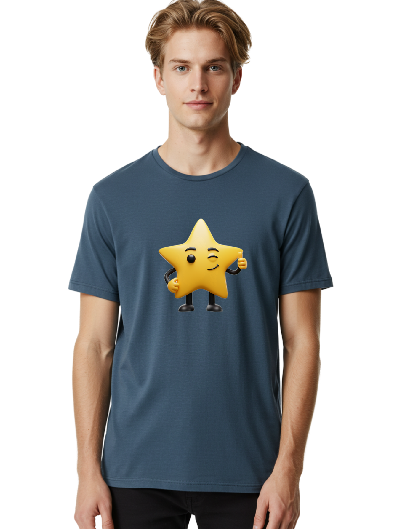 Star-Character-7 Men'S Graphic Tee, 100% Cotton, Comfortable Casual Summer Wear, Machine Washable, Happy Star, Cartoon Character, Smiley Face, Thumbs Up, Cheerful Personality, Animated Figure, Shiny Star, Positive Vibes, Friendly Emoji, Bae783