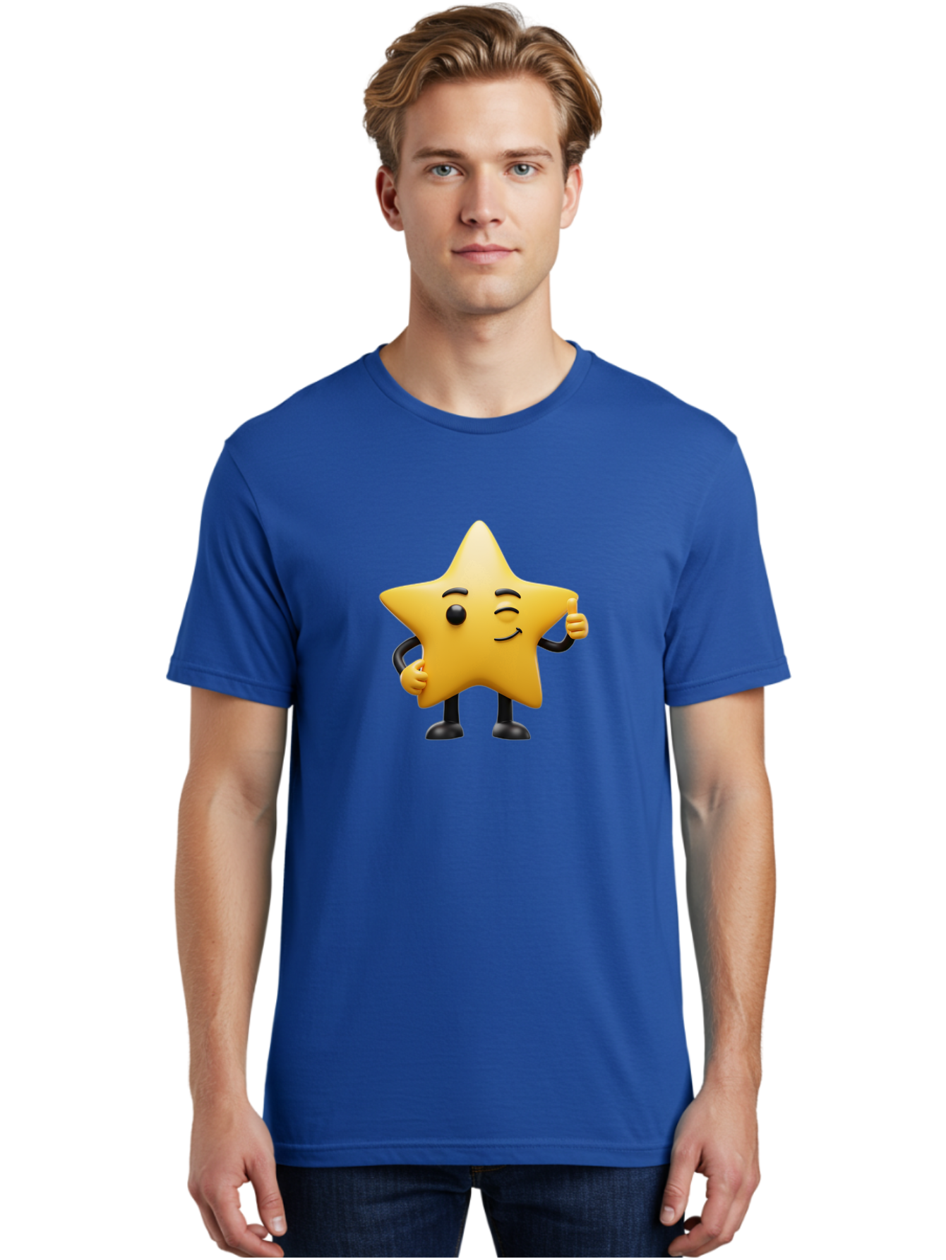 Star-Character-7 Men'S Graphic Tee, 100% Cotton, Comfortable Casual Summer Wear, Machine Washable, Happy Star, Cartoon Character, Smiley Face, Thumbs Up, Cheerful Personality, Animated Figure, Shiny Star, Positive Vibes, Friendly Emoji, Bae783