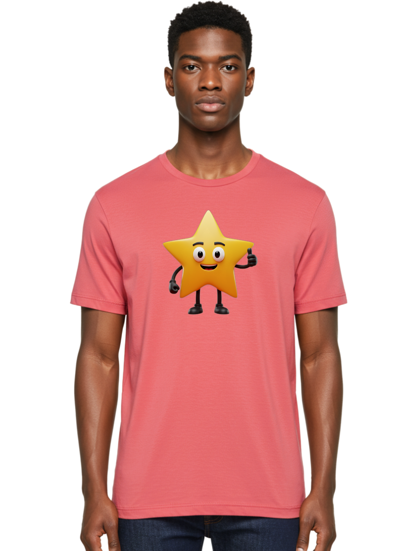 Star-Character Men'S Graphic Tee, 100% Cotton, Comfortable Casual Summer Wear, Machine Washable, Cartoon Star, Yellow Star, Smiling Face, Thumbs Up, Positive Attitude, Friendly Character, Animated Graphic, Happy Star, Star Character, Bae784