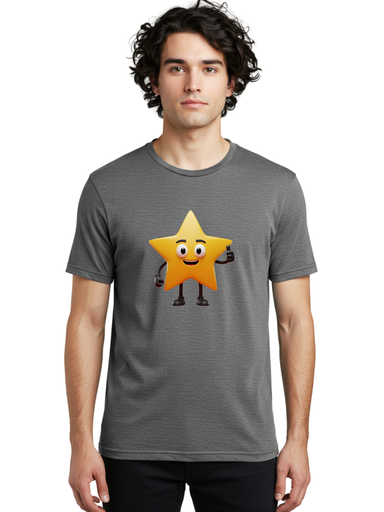 Star-Character Men'S Graphic Tee, 100% Cotton, Comfortable Casual Summer Wear, Machine Washable, Cartoon Star, Yellow Star, Smiling Face, Thumbs Up, Positive Attitude, Friendly Character, Animated Graphic, Happy Star, Star Character, Bae784