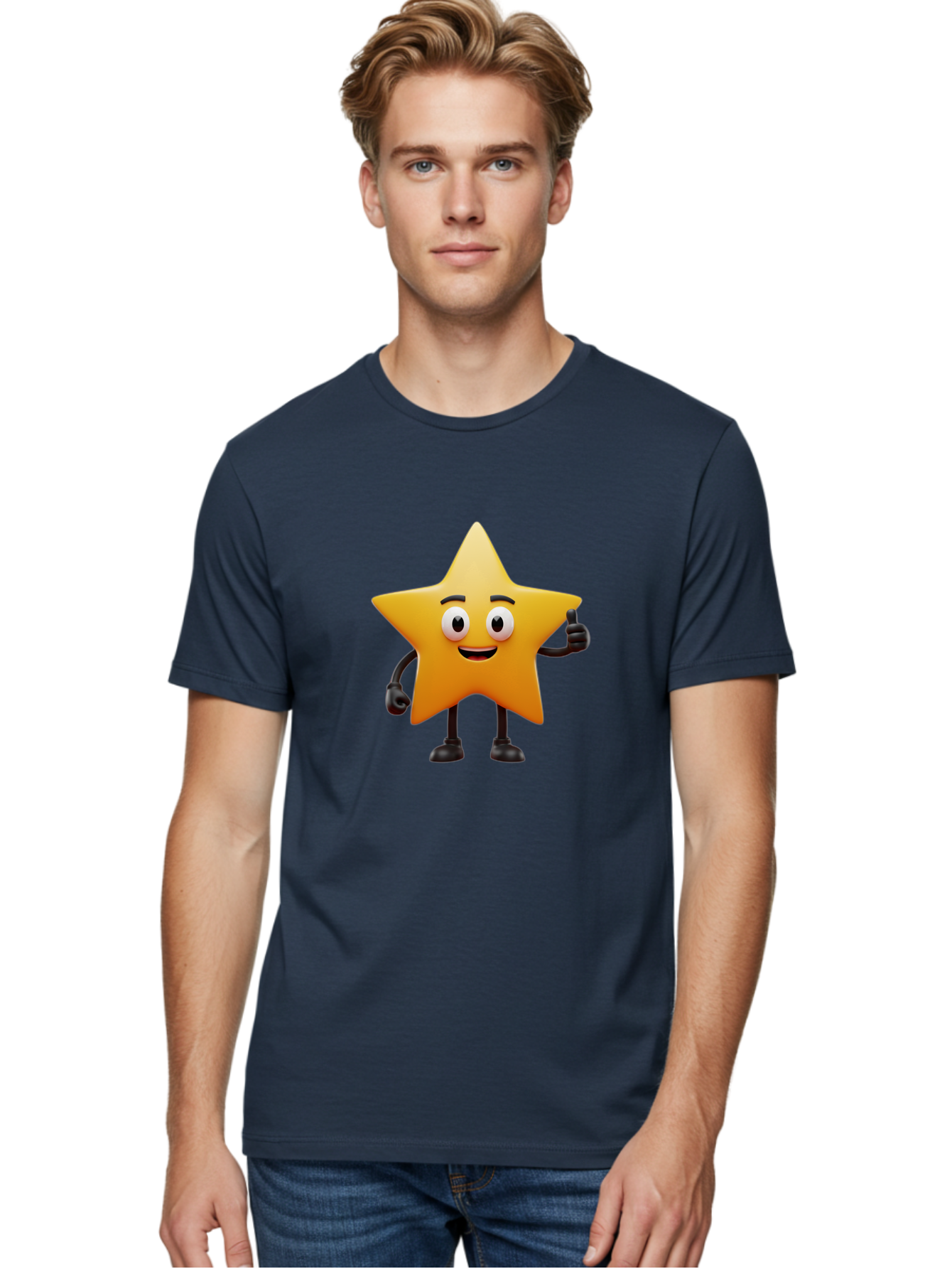 Star-Character Men'S Graphic Tee, 100% Cotton, Comfortable Casual Summer Wear, Machine Washable, Cartoon Star, Yellow Star, Smiling Face, Thumbs Up, Positive Attitude, Friendly Character, Animated Graphic, Happy Star, Star Character, Bae784