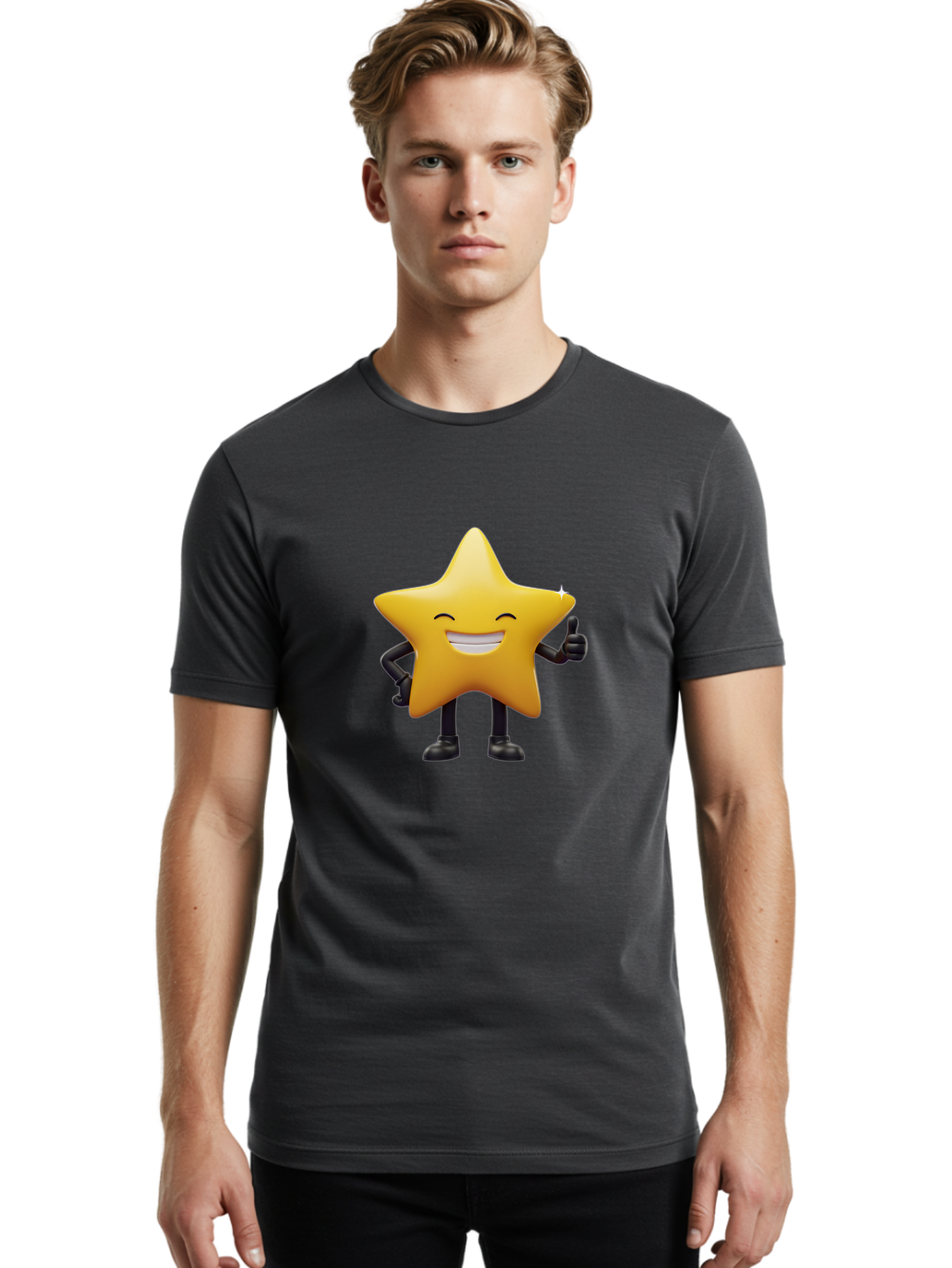 Star-Emoji Men'S Graphic Tee, 100% Cotton, Comfortable Casual Summer Wear, Machine Washable, Smiling Star, Thumbs Up, Happy Face, Cartoon Character, Black Limbs, Yellow Body, Friendly Gesture, Positive Attitude, Cute Emoji, Star Icon Bae785
