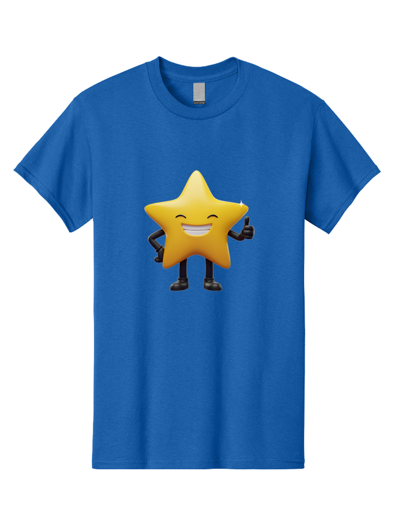 Star-Emoji Men'S Graphic Tee, 100% Cotton, Comfortable Casual Summer Wear, Machine Washable, Smiling Star, Thumbs Up, Happy Face, Cartoon Character, Black Limbs, Yellow Body, Friendly Gesture, Positive Attitude, Cute Emoji, Star Icon Bae785