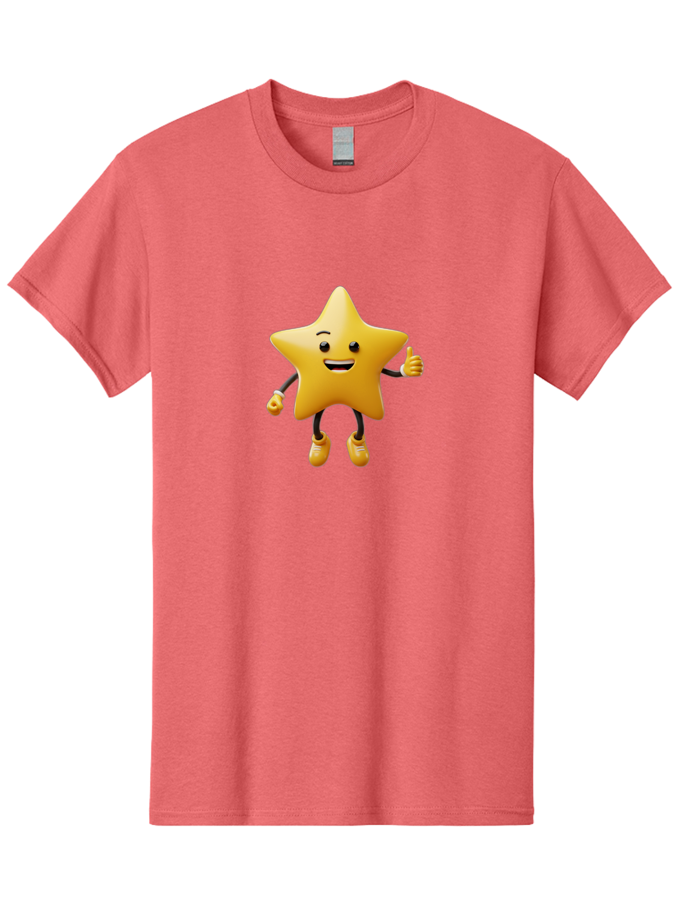 Star-Mascot Men'S Graphic Tee, 100% Cotton, Comfortable Casual Summer Wear, Machine Washable, Smiling Star Character, Thumbs Up Gesture, Cartoon Style, Happy Expression, Yellow Star, 3D Rendering, Cute Mascot, Animated Character, Bae786