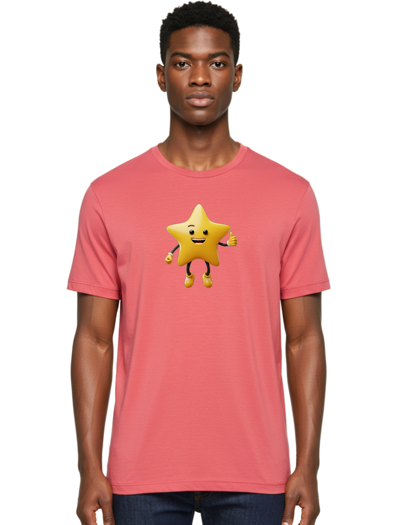 Star-Mascot Men'S Graphic Tee, 100% Cotton, Comfortable Casual Summer Wear, Machine Washable, Smiling Star Character, Thumbs Up Gesture, Cartoon Style, Happy Expression, Yellow Star, 3D Rendering, Cute Mascot, Animated Character, Bae786
