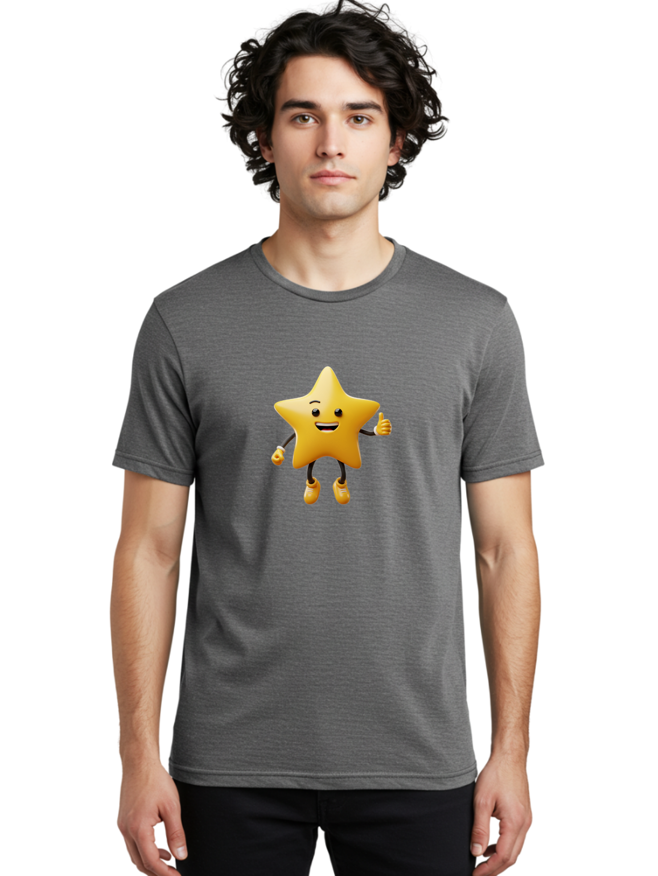 Star-Mascot Men'S Graphic Tee, 100% Cotton, Comfortable Casual Summer Wear, Machine Washable, Smiling Star Character, Thumbs Up Gesture, Cartoon Style, Happy Expression, Yellow Star, 3D Rendering, Cute Mascot, Animated Character, Bae786