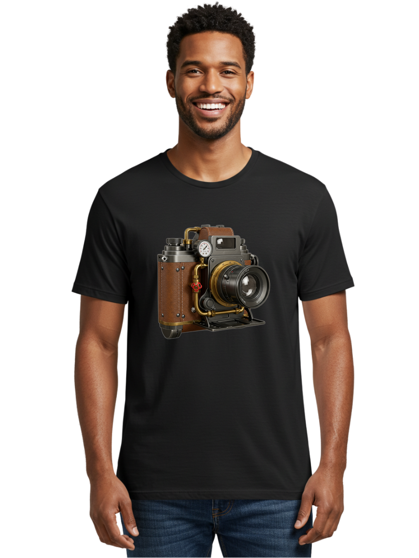 Steampunk-Camera Men'S Graphic Tee, 100% Cotton, Comfortable Casual Summer Wear, Machine Washable, Vintage Camera, Steampunk Design, Antique Photography, Retro Technology, Industrial Elements, Leather Wrapping, Brass Accents, Creative Art, Bae787
