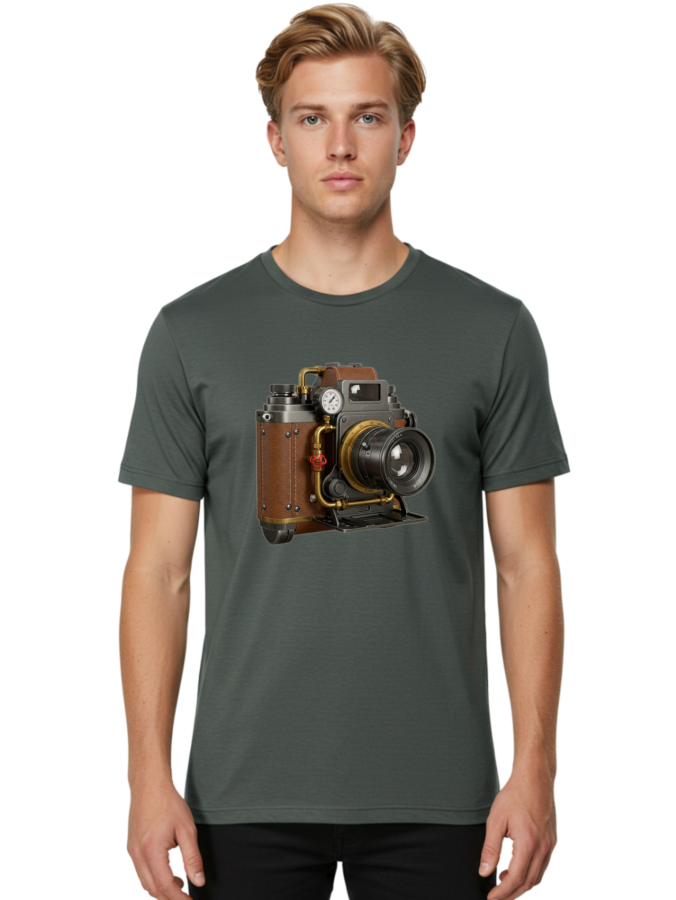 Steampunk-Camera Men'S Graphic Tee, 100% Cotton, Comfortable Casual Summer Wear, Machine Washable, Vintage Camera, Steampunk Design, Antique Photography, Retro Technology, Industrial Elements, Leather Wrapping, Brass Accents, Creative Art, Bae787