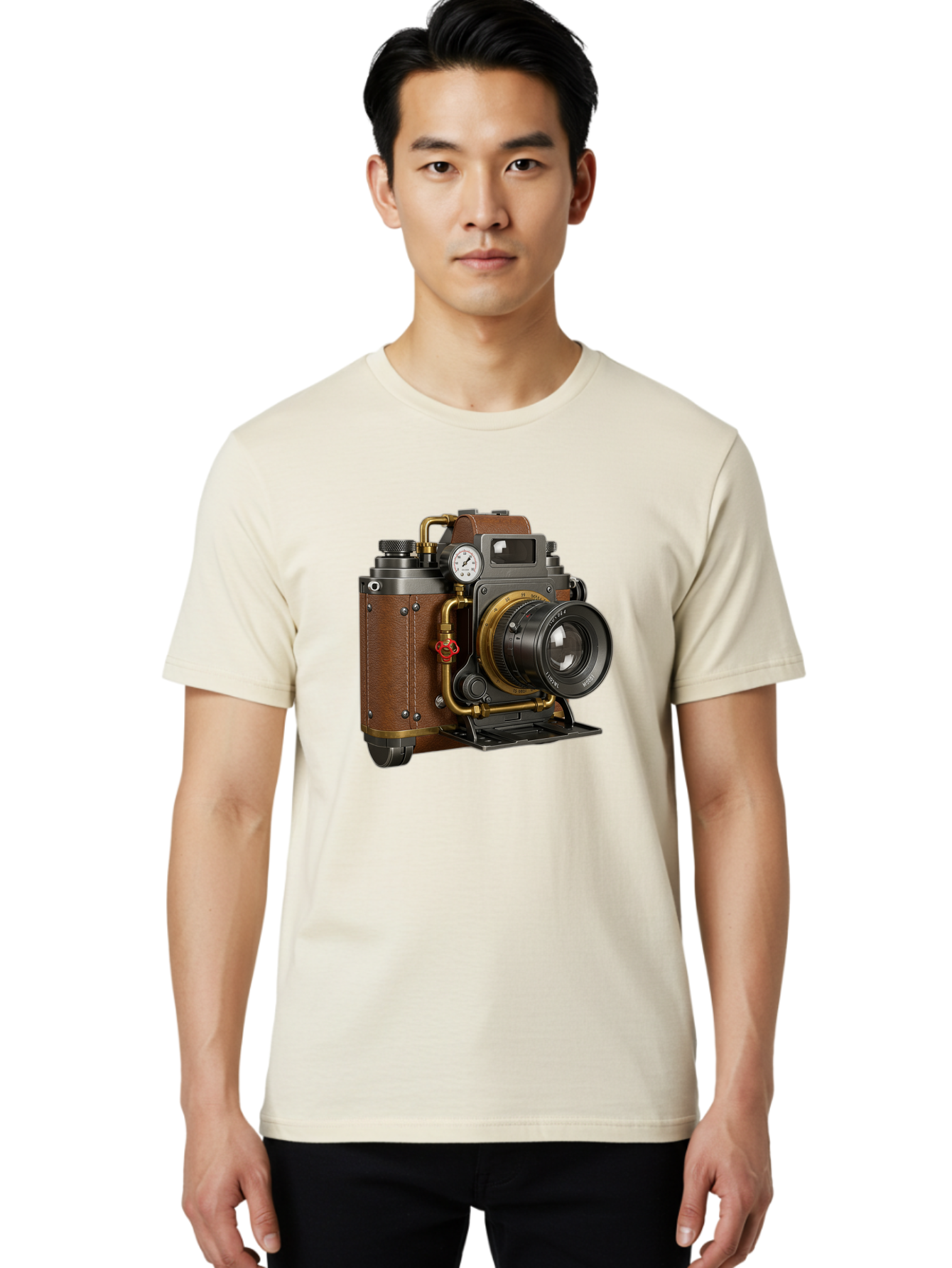 Steampunk-Camera Men'S Graphic Tee, 100% Cotton, Comfortable Casual Summer Wear, Machine Washable, Vintage Camera, Steampunk Design, Antique Photography, Retro Technology, Industrial Elements, Leather Wrapping, Brass Accents, Creative Art, Bae787