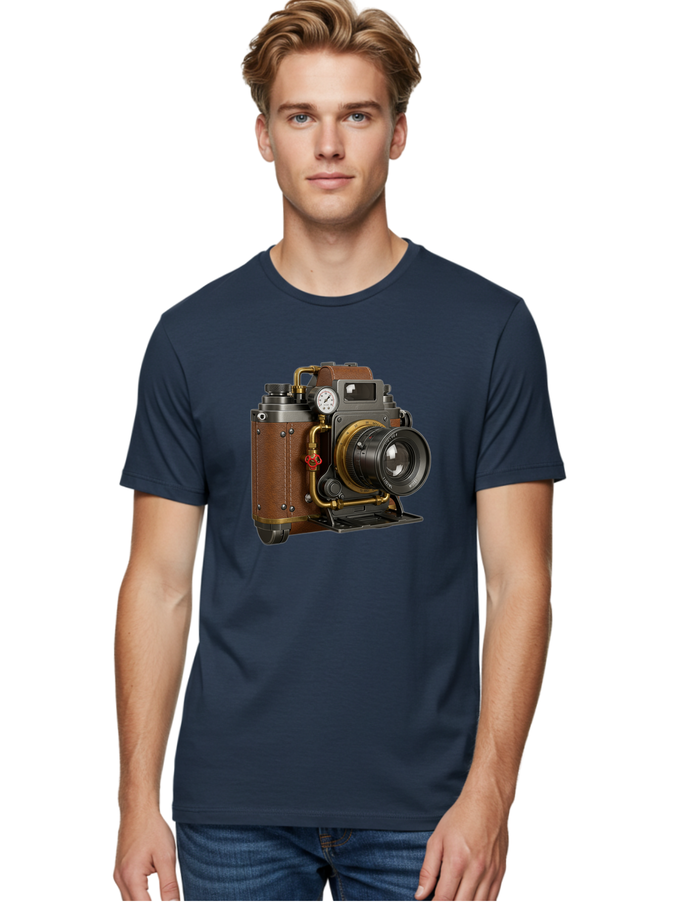 Steampunk-Camera Men'S Graphic Tee, 100% Cotton, Comfortable Casual Summer Wear, Machine Washable, Vintage Camera, Steampunk Design, Antique Photography, Retro Technology, Industrial Elements, Leather Wrapping, Brass Accents, Creative Art, Bae787