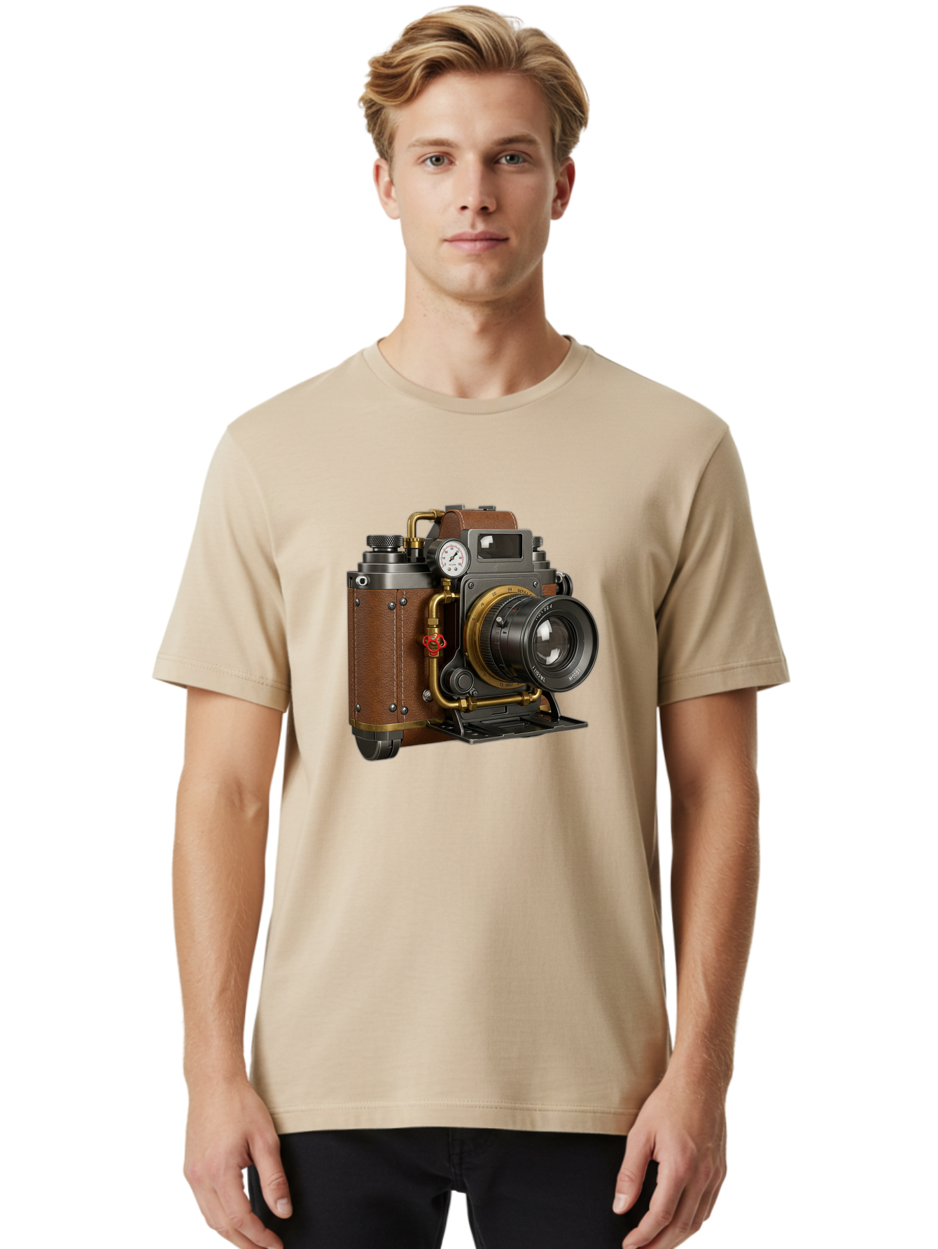 Steampunk-Camera Men'S Graphic Tee, 100% Cotton, Comfortable Casual Summer Wear, Machine Washable, Vintage Camera, Steampunk Design, Antique Photography, Retro Technology, Industrial Elements, Leather Wrapping, Brass Accents, Creative Art, Bae787