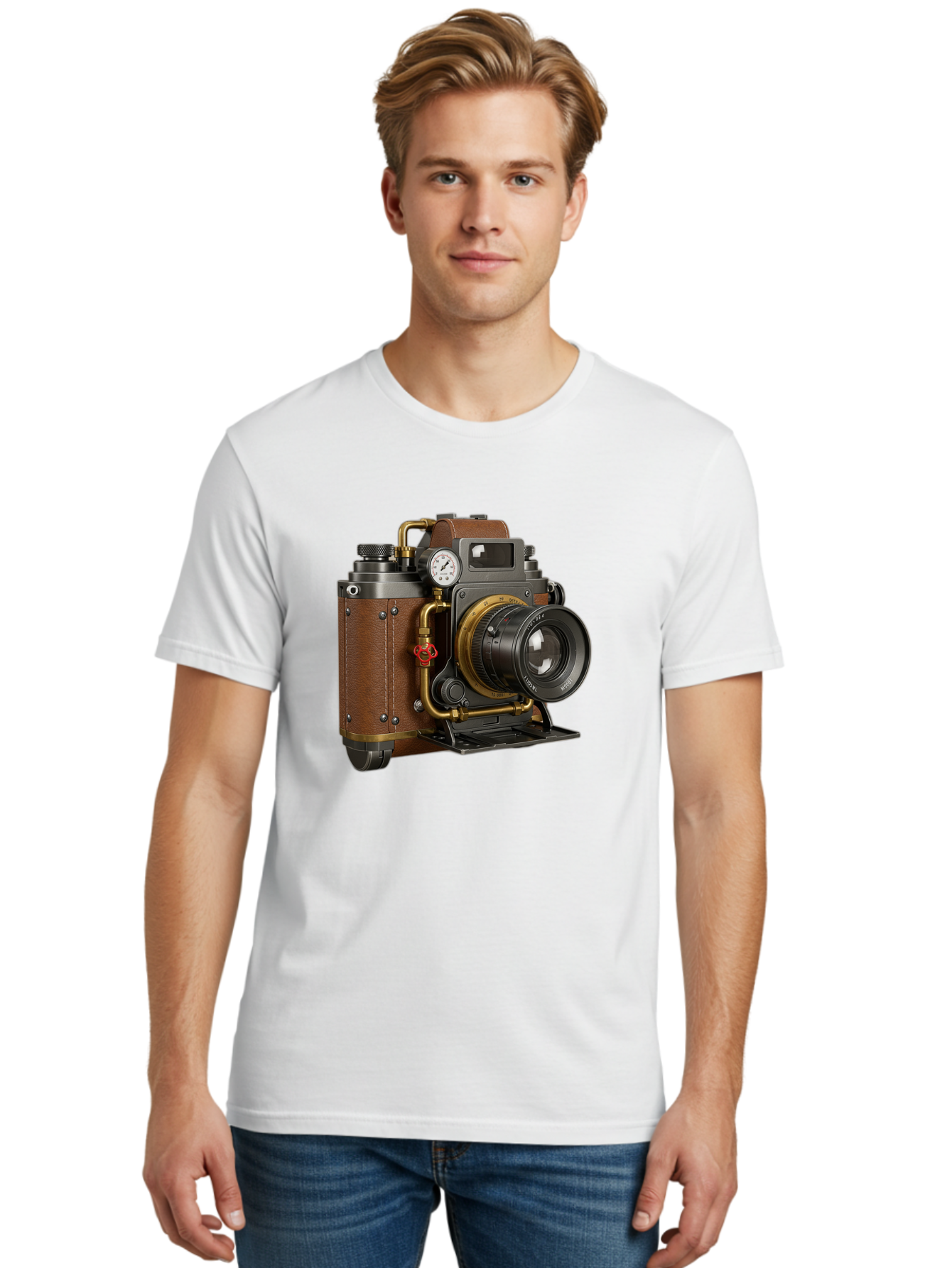 Steampunk-Camera Men'S Graphic Tee, 100% Cotton, Comfortable Casual Summer Wear, Machine Washable, Vintage Camera, Steampunk Design, Antique Photography, Retro Technology, Industrial Elements, Leather Wrapping, Brass Accents, Creative Art, Bae787