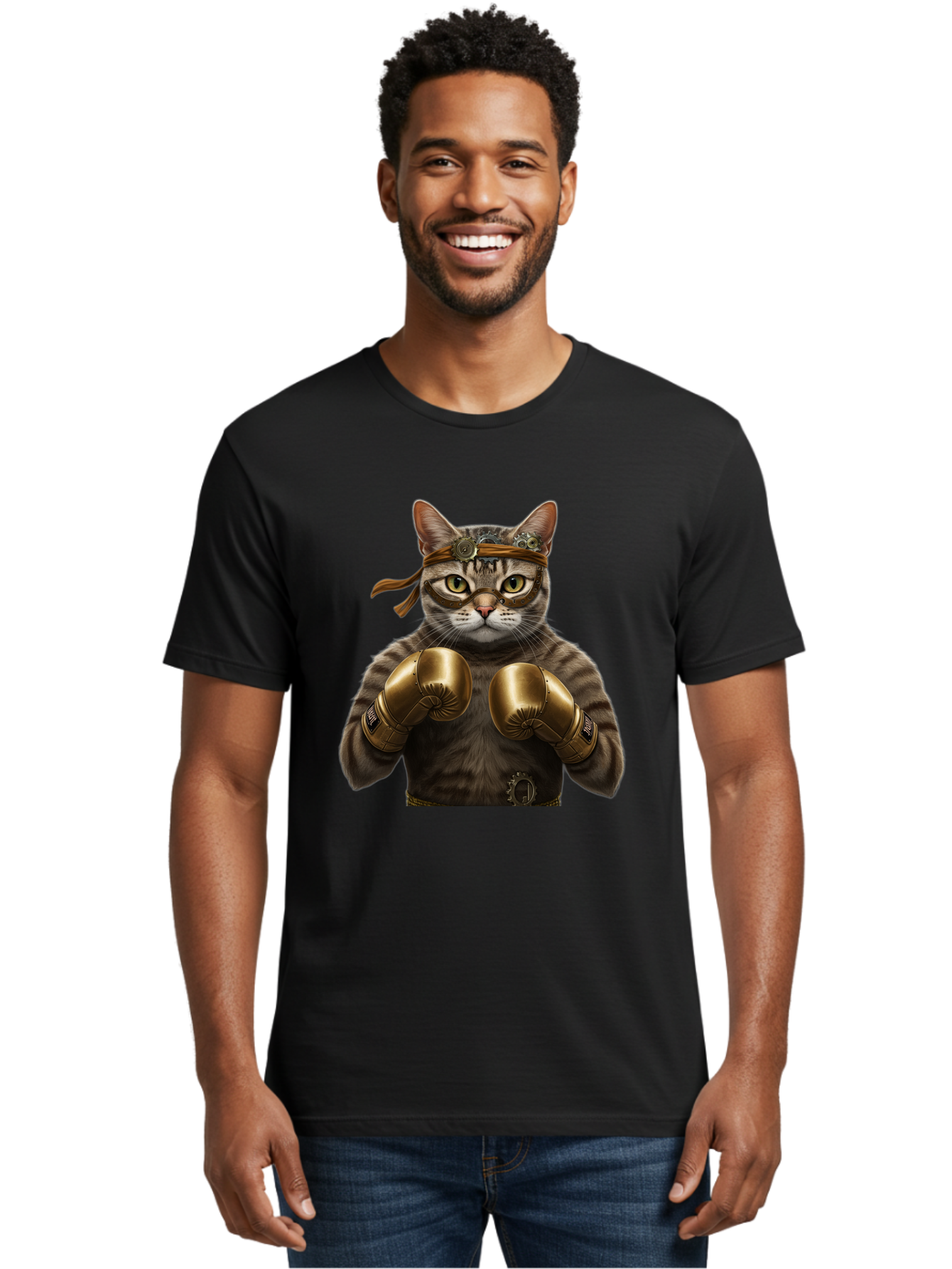 Steampunk-Cat-Boxer Men'S Graphic Tee, 100% Cotton, Comfortable Casual Summer Wear, Machine Washable, Steampunk Cat, Boxing Gloves, Steampunk Accessories, Fantasy Feline, Mechanical Cat, Cat In Boxing Gloves, Whimsical Illustration, Bae788