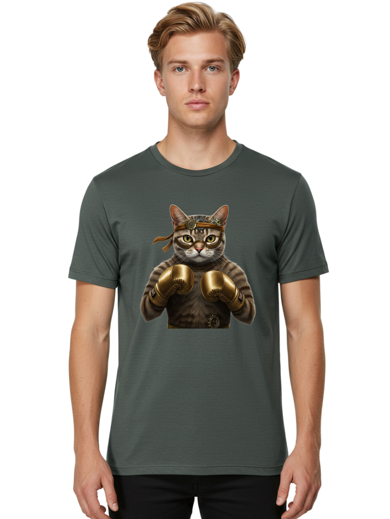 Steampunk-Cat-Boxer Men'S Graphic Tee, 100% Cotton, Comfortable Casual Summer Wear, Machine Washable, Steampunk Cat, Boxing Gloves, Steampunk Accessories, Fantasy Feline, Mechanical Cat, Cat In Boxing Gloves, Whimsical Illustration, Bae788
