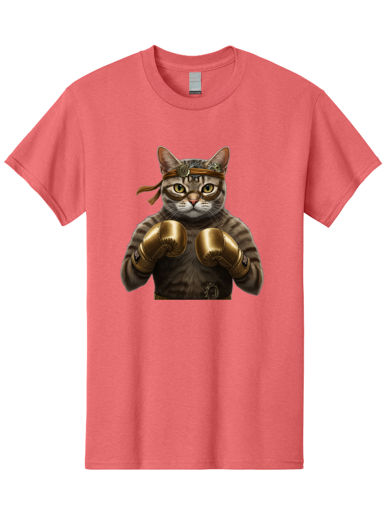 Steampunk-Cat-Boxer Men'S Graphic Tee, 100% Cotton, Comfortable Casual Summer Wear, Machine Washable, Steampunk Cat, Boxing Gloves, Steampunk Accessories, Fantasy Feline, Mechanical Cat, Cat In Boxing Gloves, Whimsical Illustration, Bae788