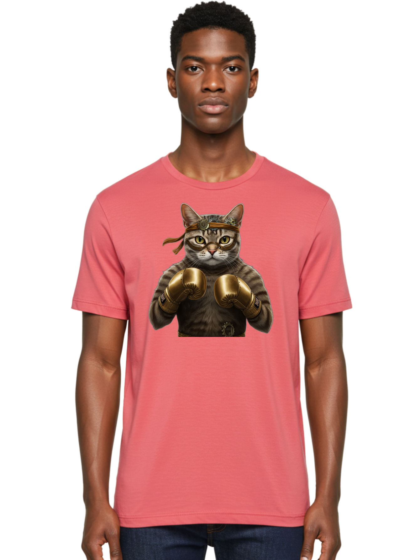 Steampunk-Cat-Boxer Men'S Graphic Tee, 100% Cotton, Comfortable Casual Summer Wear, Machine Washable, Steampunk Cat, Boxing Gloves, Steampunk Accessories, Fantasy Feline, Mechanical Cat, Cat In Boxing Gloves, Whimsical Illustration, Bae788