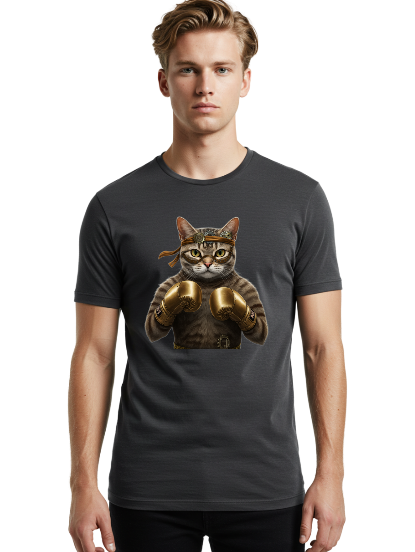 Steampunk-Cat-Boxer Men'S Graphic Tee, 100% Cotton, Comfortable Casual Summer Wear, Machine Washable, Steampunk Cat, Boxing Gloves, Steampunk Accessories, Fantasy Feline, Mechanical Cat, Cat In Boxing Gloves, Whimsical Illustration, Bae788