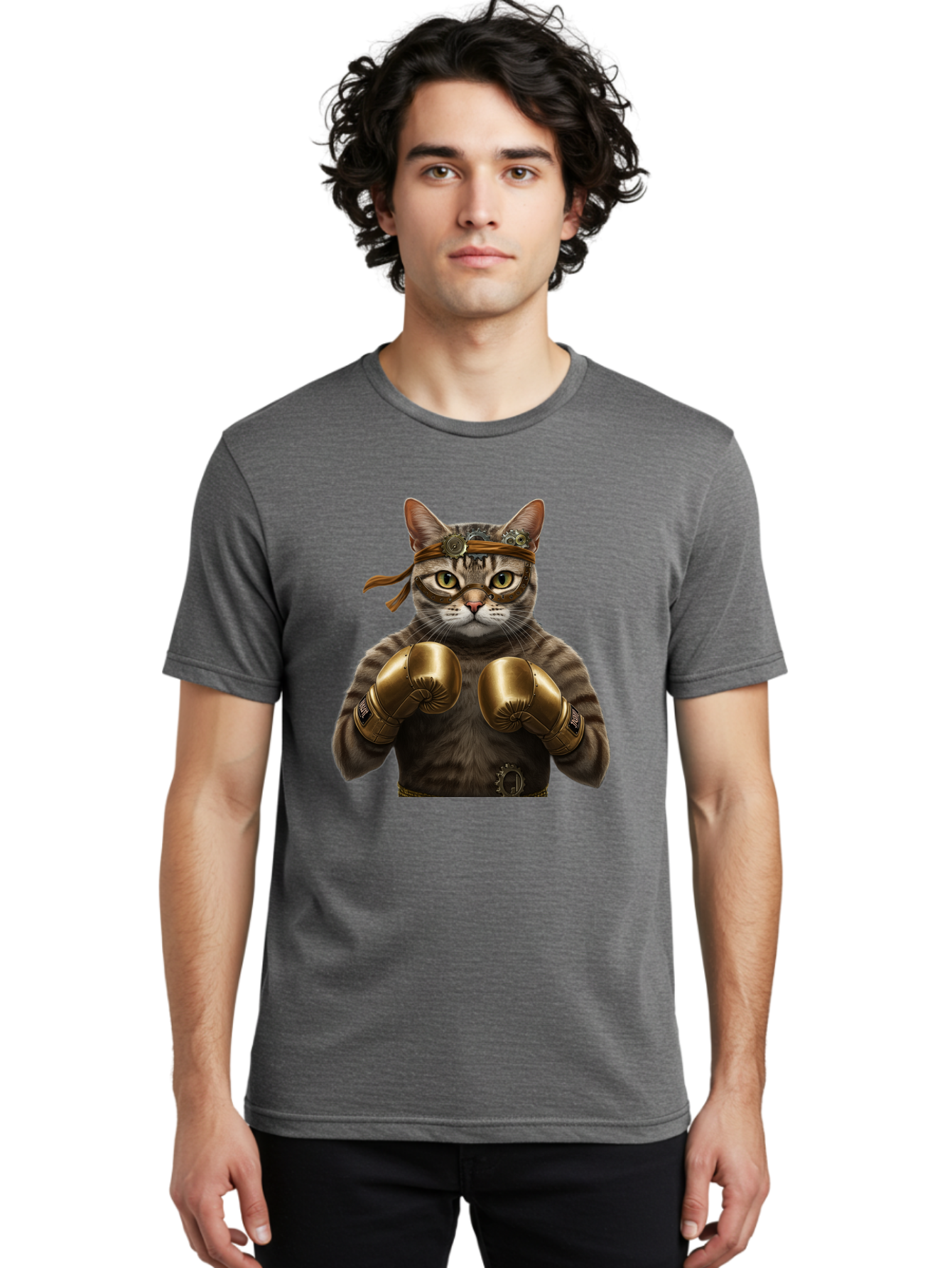 Steampunk-Cat-Boxer Men'S Graphic Tee, 100% Cotton, Comfortable Casual Summer Wear, Machine Washable, Steampunk Cat, Boxing Gloves, Steampunk Accessories, Fantasy Feline, Mechanical Cat, Cat In Boxing Gloves, Whimsical Illustration, Bae788