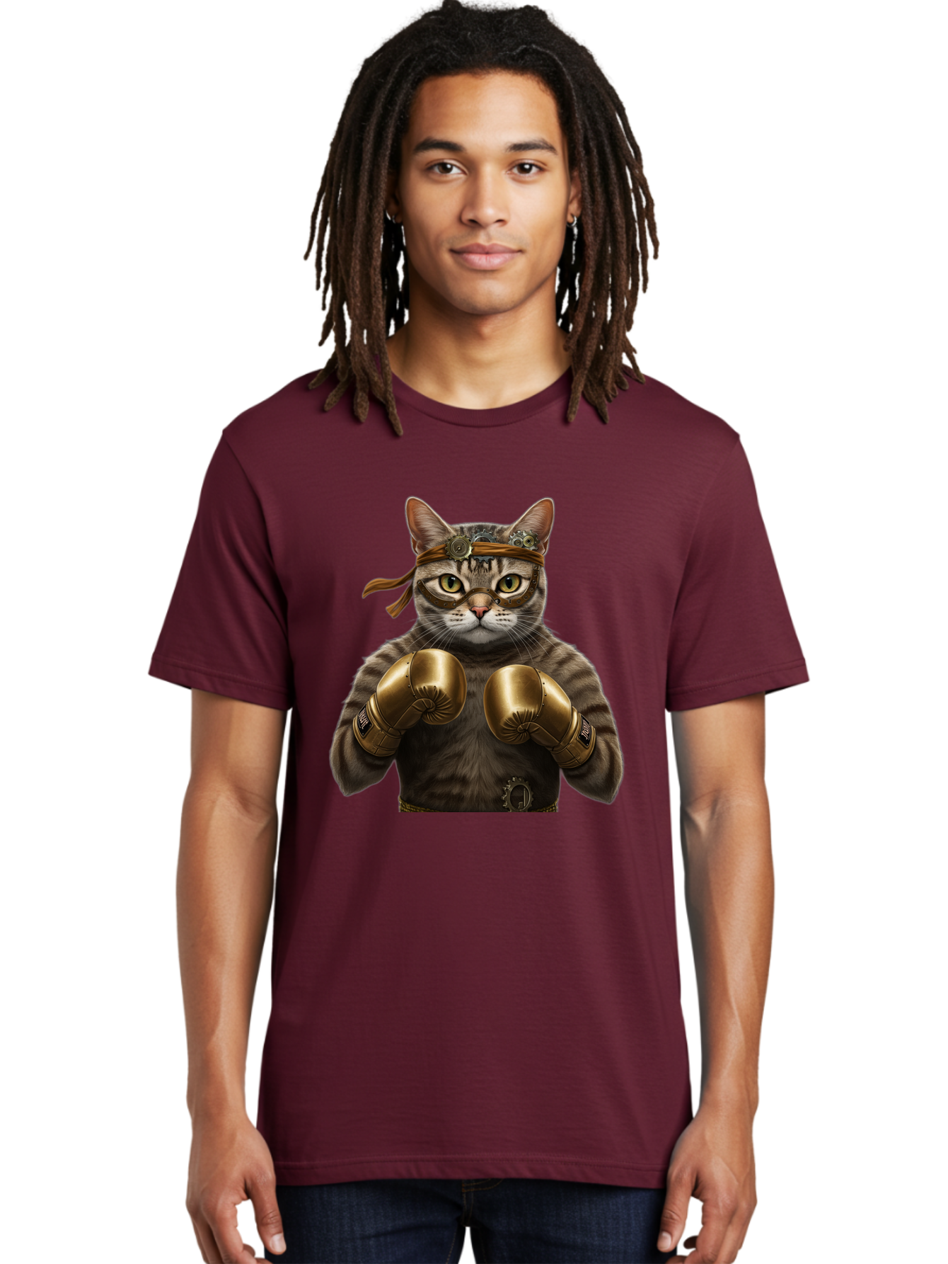 Steampunk-Cat-Boxer Men'S Graphic Tee, 100% Cotton, Comfortable Casual Summer Wear, Machine Washable, Steampunk Cat, Boxing Gloves, Steampunk Accessories, Fantasy Feline, Mechanical Cat, Cat In Boxing Gloves, Whimsical Illustration, Bae788