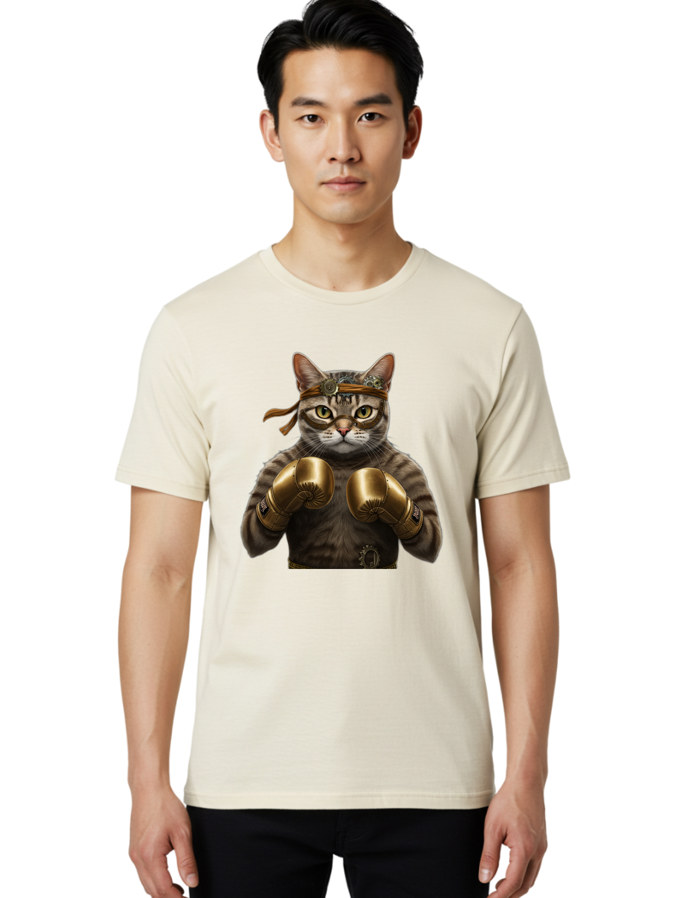 Steampunk-Cat-Boxer Men'S Graphic Tee, 100% Cotton, Comfortable Casual Summer Wear, Machine Washable, Steampunk Cat, Boxing Gloves, Steampunk Accessories, Fantasy Feline, Mechanical Cat, Cat In Boxing Gloves, Whimsical Illustration, Bae788