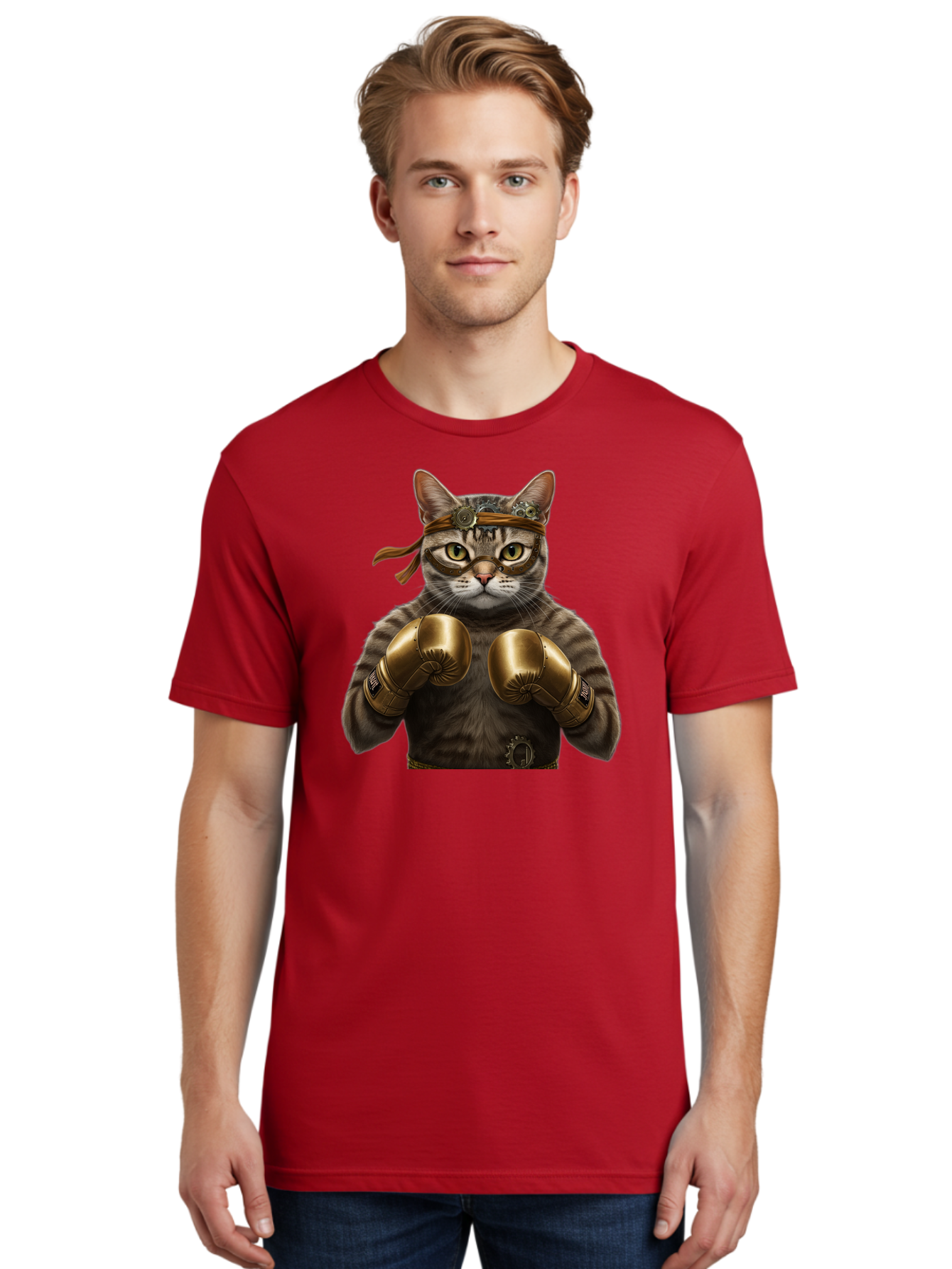 Steampunk-Cat-Boxer Men'S Graphic Tee, 100% Cotton, Comfortable Casual Summer Wear, Machine Washable, Steampunk Cat, Boxing Gloves, Steampunk Accessories, Fantasy Feline, Mechanical Cat, Cat In Boxing Gloves, Whimsical Illustration, Bae788