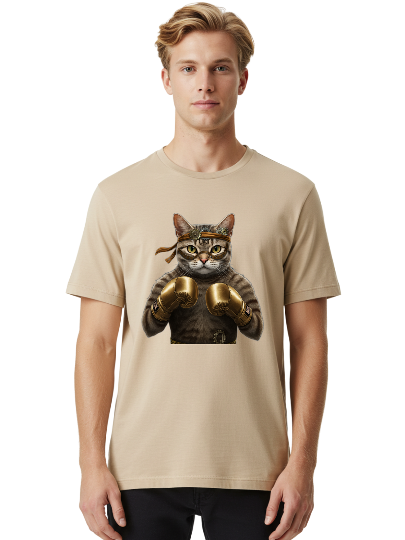 Steampunk-Cat-Boxer Men'S Graphic Tee, 100% Cotton, Comfortable Casual Summer Wear, Machine Washable, Steampunk Cat, Boxing Gloves, Steampunk Accessories, Fantasy Feline, Mechanical Cat, Cat In Boxing Gloves, Whimsical Illustration, Bae788