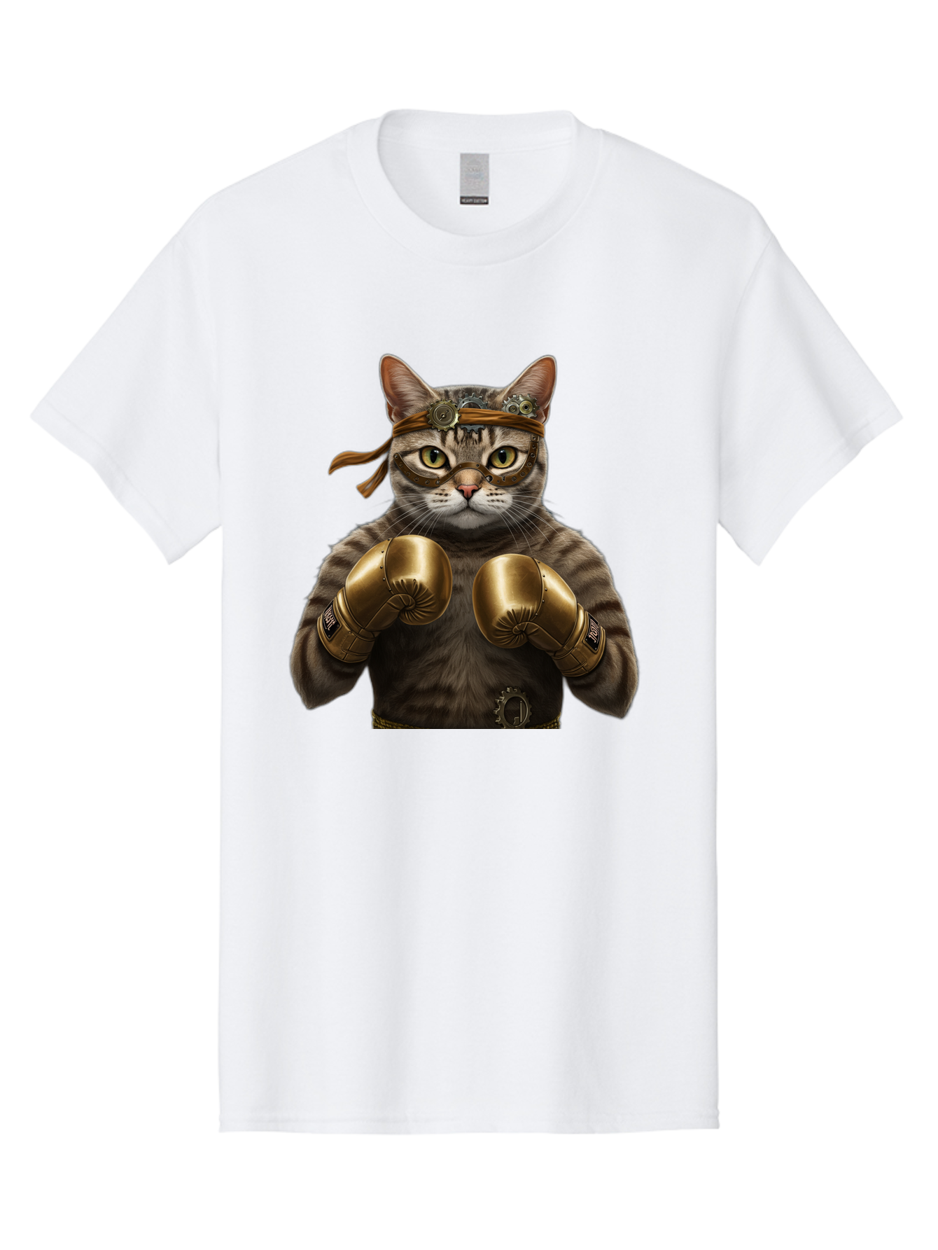 Steampunk-Cat-Boxer Men'S Graphic Tee, 100% Cotton, Comfortable Casual Summer Wear, Machine Washable, Steampunk Cat, Boxing Gloves, Steampunk Accessories, Fantasy Feline, Mechanical Cat, Cat In Boxing Gloves, Whimsical Illustration, Bae788