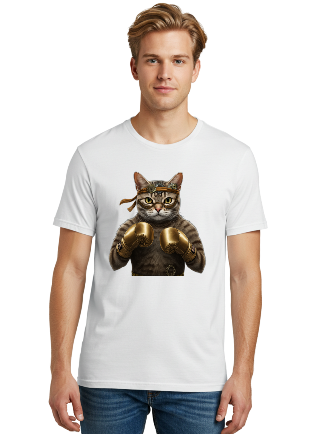 Steampunk-Cat-Boxer Men'S Graphic Tee, 100% Cotton, Comfortable Casual Summer Wear, Machine Washable, Steampunk Cat, Boxing Gloves, Steampunk Accessories, Fantasy Feline, Mechanical Cat, Cat In Boxing Gloves, Whimsical Illustration, Bae788