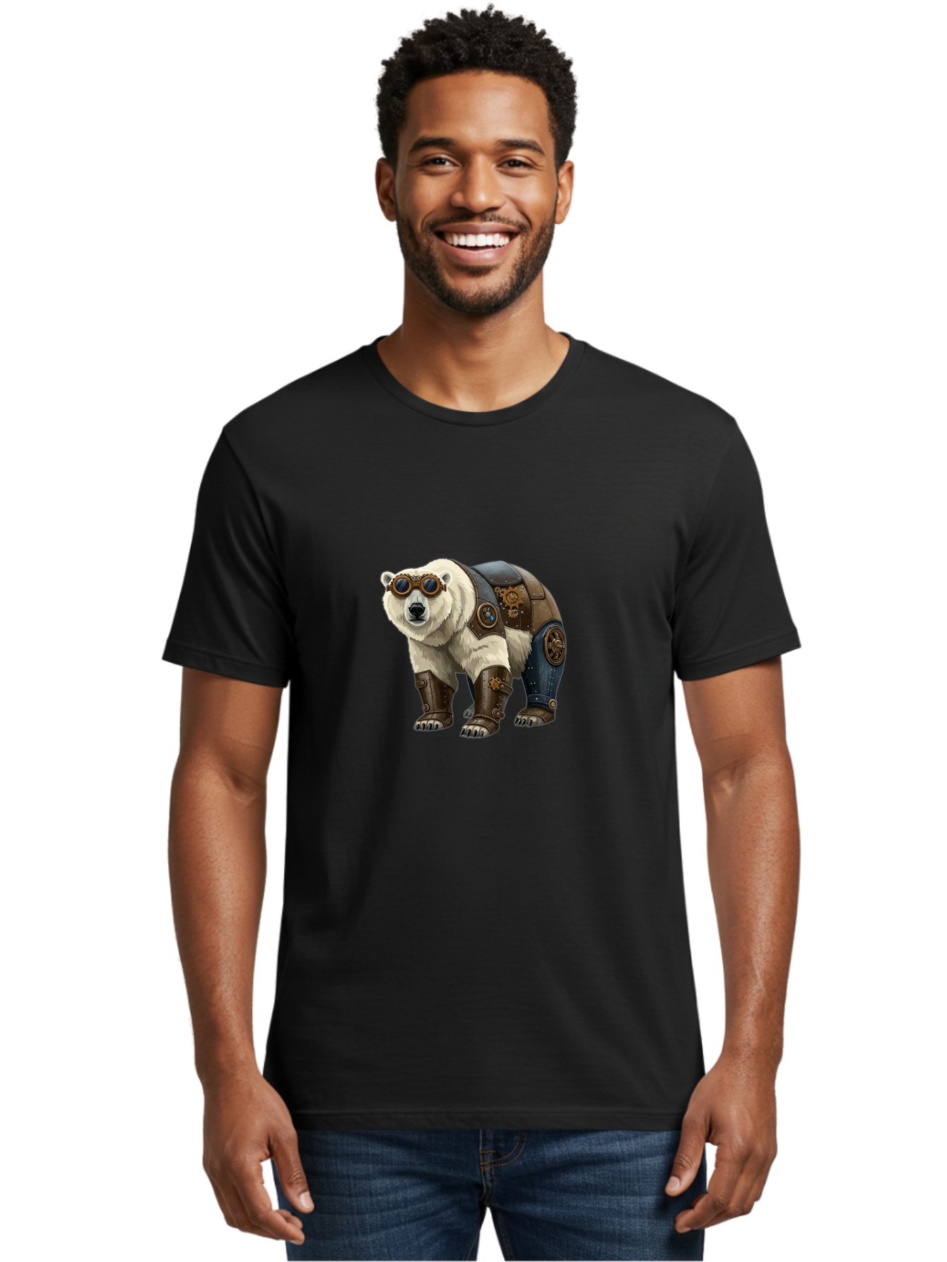 Steampunk-Polar-Bear Men'S Graphic Tee, 100% Cotton, Comfortable Casual Summer Wear, Machine Washable, Steampunk Polar Bear, Mechanical Armor, Goggles, Industrial Style, Fantasy Creature, Sci-Fi Art, Cyberpunk, Futuristic Animal, Bae789