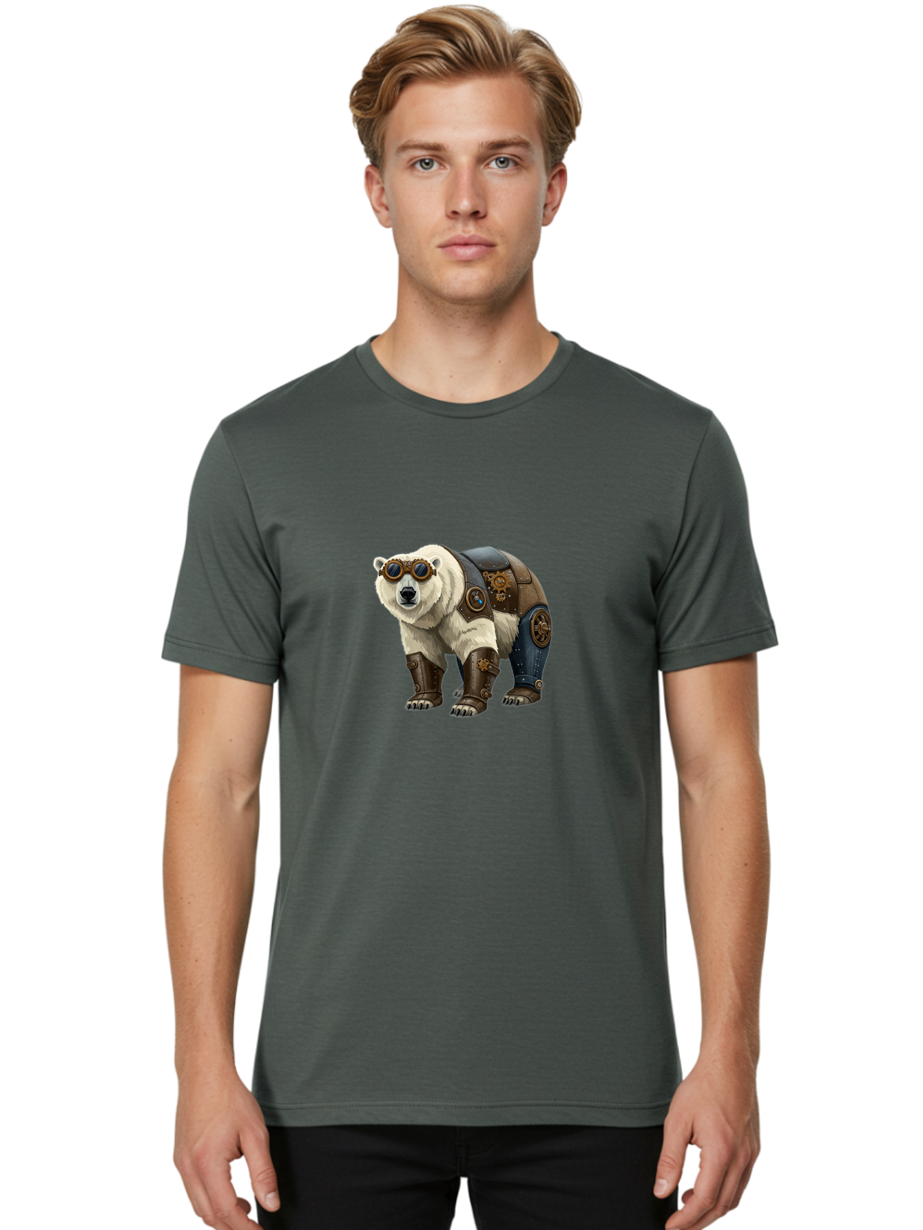 Steampunk-Polar-Bear Men'S Graphic Tee, 100% Cotton, Comfortable Casual Summer Wear, Machine Washable, Steampunk Polar Bear, Mechanical Armor, Goggles, Industrial Style, Fantasy Creature, Sci-Fi Art, Cyberpunk, Futuristic Animal, Bae789