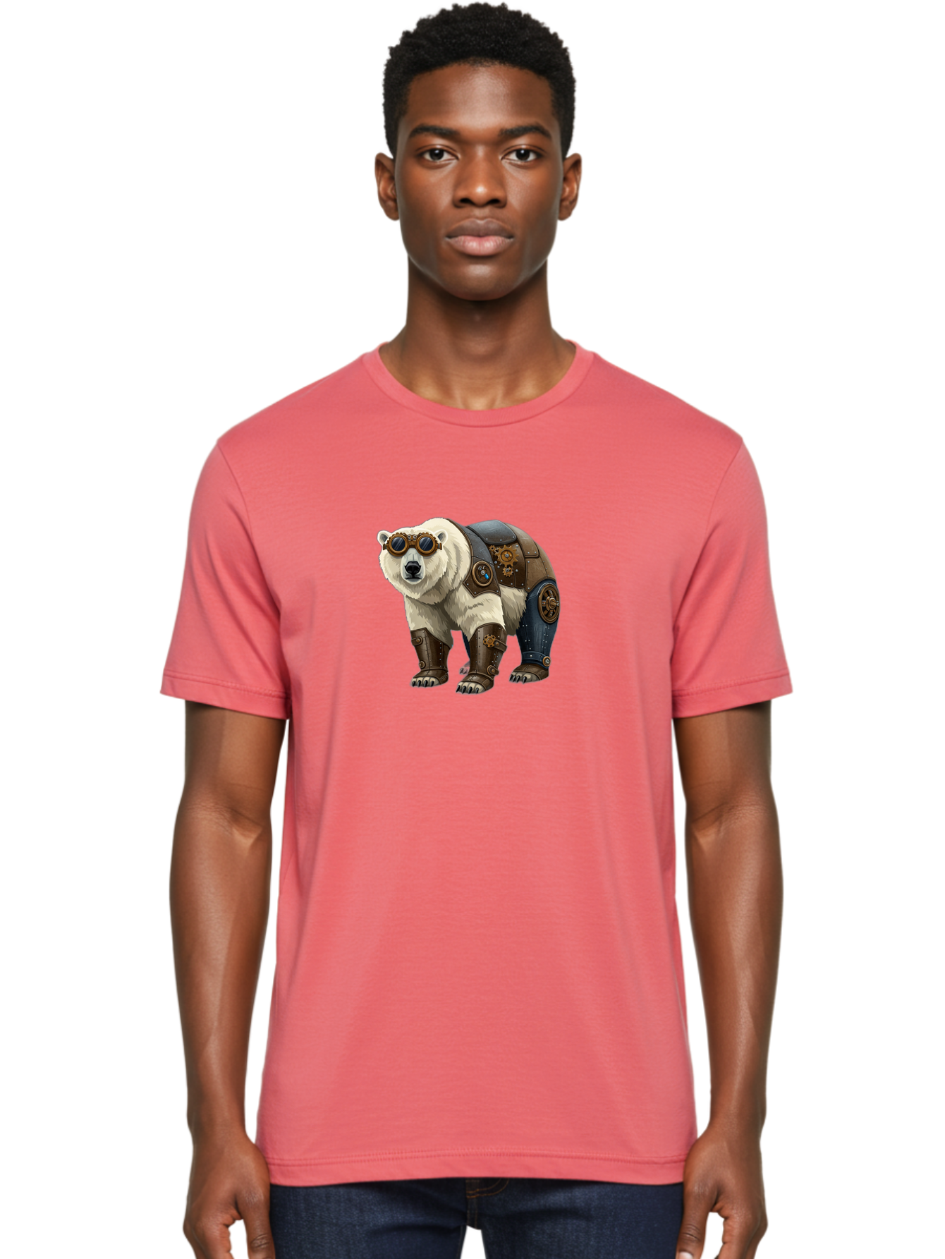 Steampunk-Polar-Bear Men'S Graphic Tee, 100% Cotton, Comfortable Casual Summer Wear, Machine Washable, Steampunk Polar Bear, Mechanical Armor, Goggles, Industrial Style, Fantasy Creature, Sci-Fi Art, Cyberpunk, Futuristic Animal, Bae789