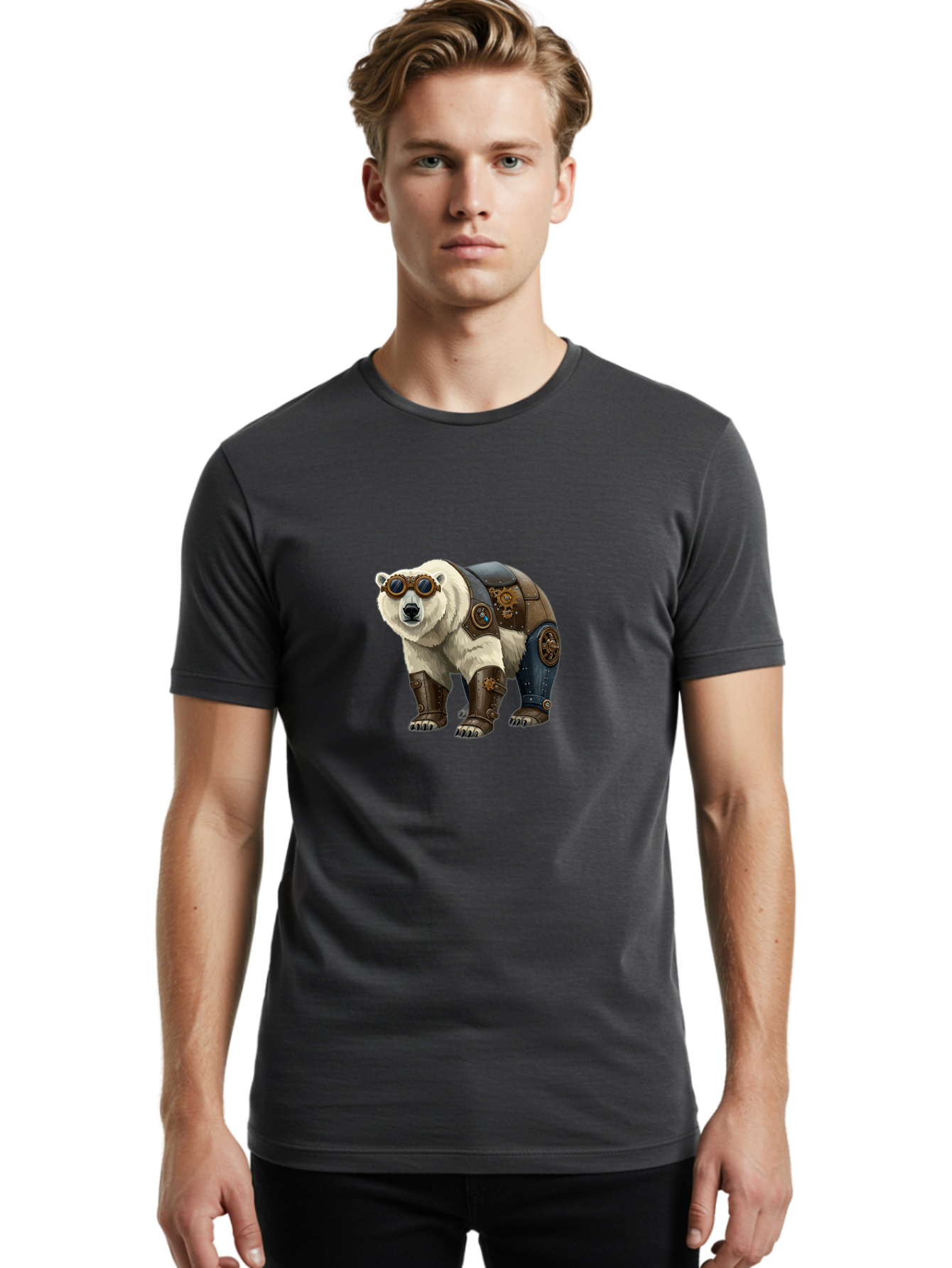 Steampunk-Polar-Bear Men'S Graphic Tee, 100% Cotton, Comfortable Casual Summer Wear, Machine Washable, Steampunk Polar Bear, Mechanical Armor, Goggles, Industrial Style, Fantasy Creature, Sci-Fi Art, Cyberpunk, Futuristic Animal, Bae789