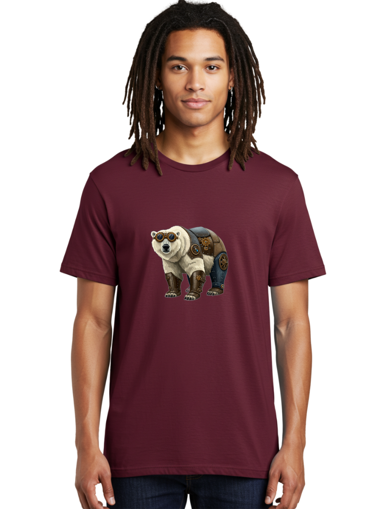 Steampunk-Polar-Bear Men'S Graphic Tee, 100% Cotton, Comfortable Casual Summer Wear, Machine Washable, Steampunk Polar Bear, Mechanical Armor, Goggles, Industrial Style, Fantasy Creature, Sci-Fi Art, Cyberpunk, Futuristic Animal, Bae789