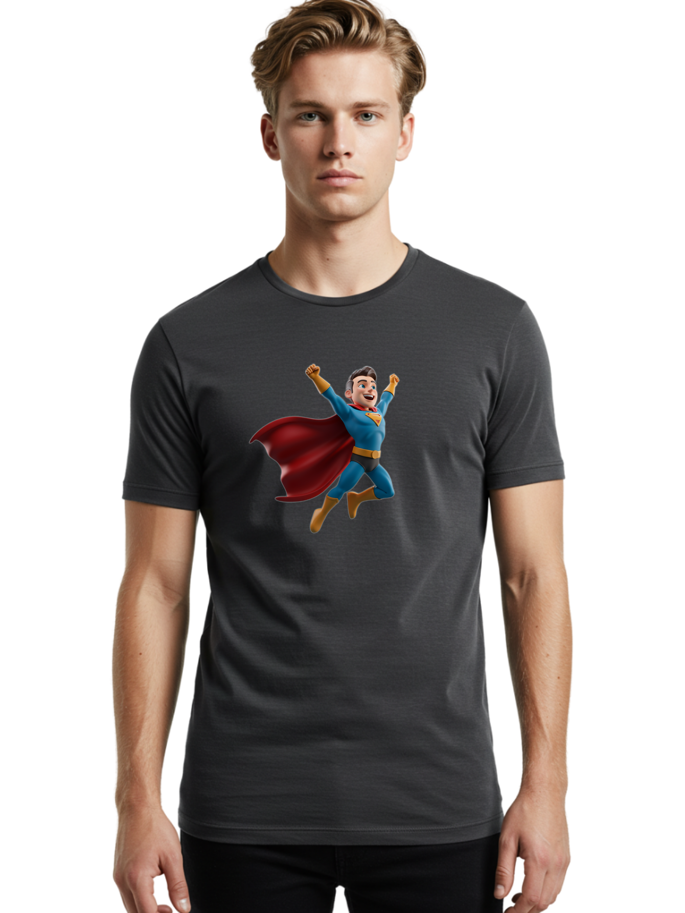 Superman Men'S Graphic Tee, 100% Cotton, Comfortable Casual Summer Wear, Machine Washable, Superhero Character, 3D Cartoon Man, Flying Superhero, Blue Costume, Red Cape, Yellow Emblem, Bold Hero, Dynamic Pose, Superhero Emblem, Comic Hero, Bae791