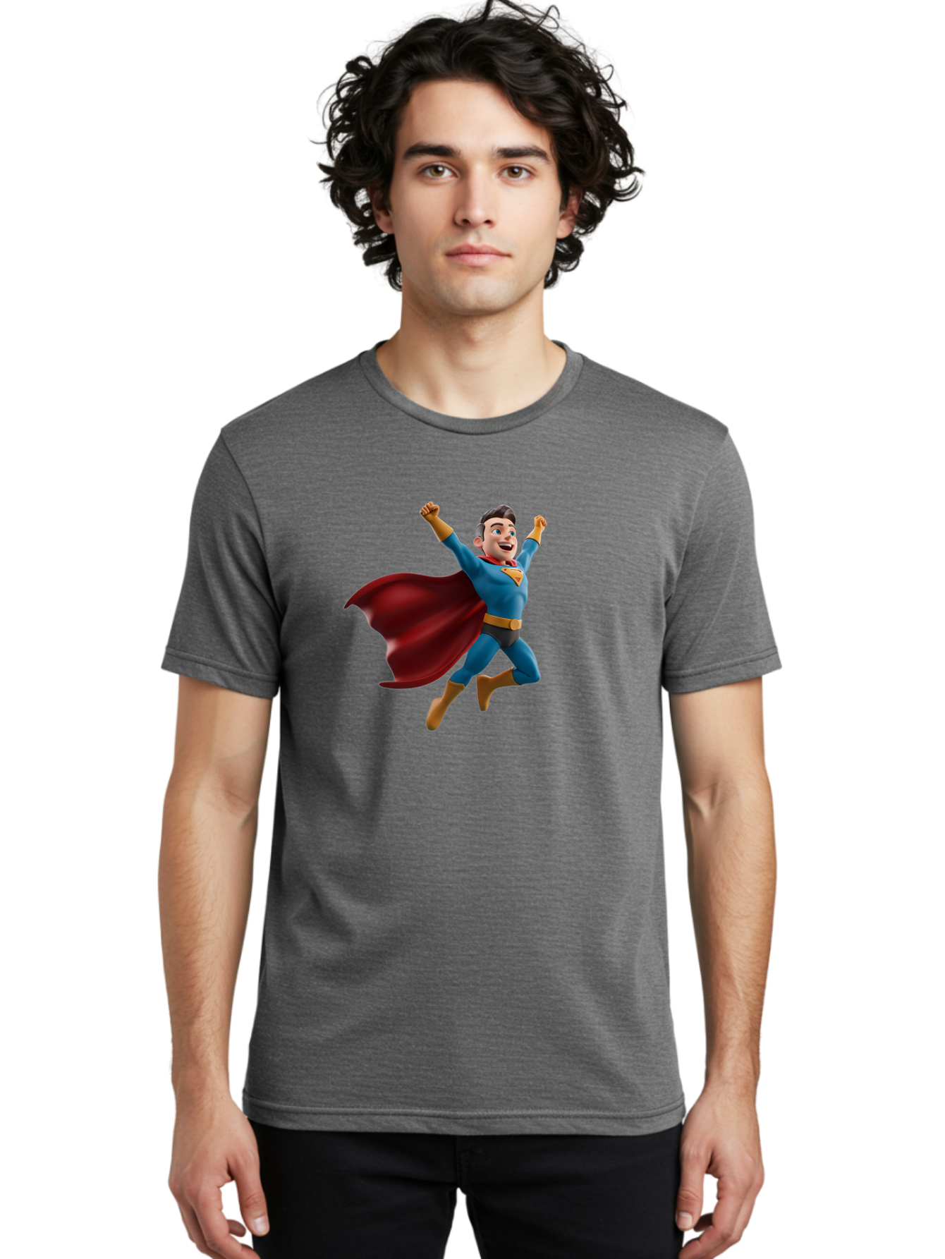 Superman Men'S Graphic Tee, 100% Cotton, Comfortable Casual Summer Wear, Machine Washable, Superhero Character, 3D Cartoon Man, Flying Superhero, Blue Costume, Red Cape, Yellow Emblem, Bold Hero, Dynamic Pose, Superhero Emblem, Comic Hero, Bae791