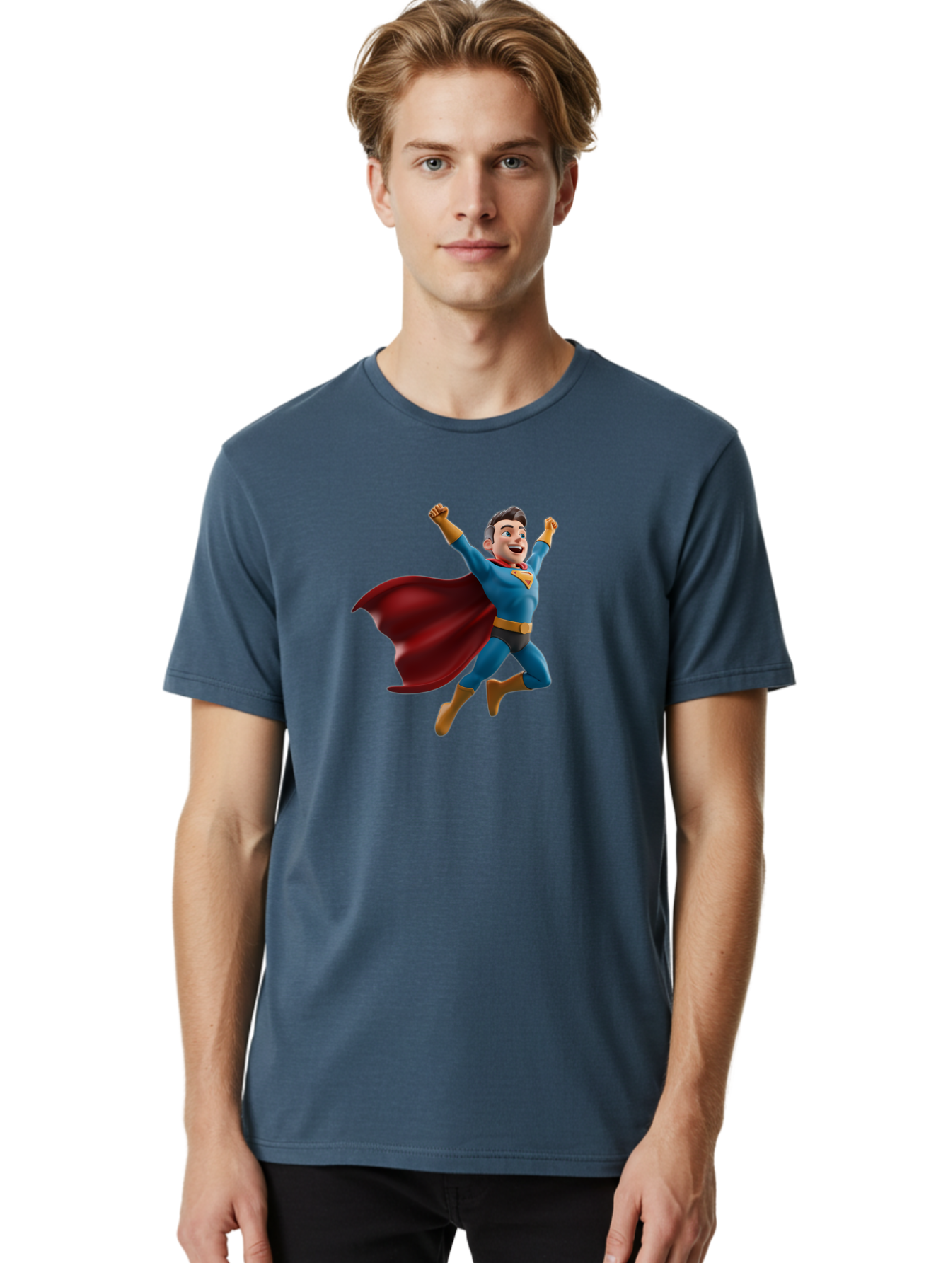 Superman Men'S Graphic Tee, 100% Cotton, Comfortable Casual Summer Wear, Machine Washable, Superhero Character, 3D Cartoon Man, Flying Superhero, Blue Costume, Red Cape, Yellow Emblem, Bold Hero, Dynamic Pose, Superhero Emblem, Comic Hero, Bae791