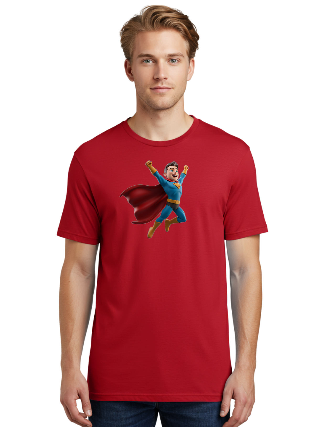 Superman Men'S Graphic Tee, 100% Cotton, Comfortable Casual Summer Wear, Machine Washable, Superhero Character, 3D Cartoon Man, Flying Superhero, Blue Costume, Red Cape, Yellow Emblem, Bold Hero, Dynamic Pose, Superhero Emblem, Comic Hero, Bae791