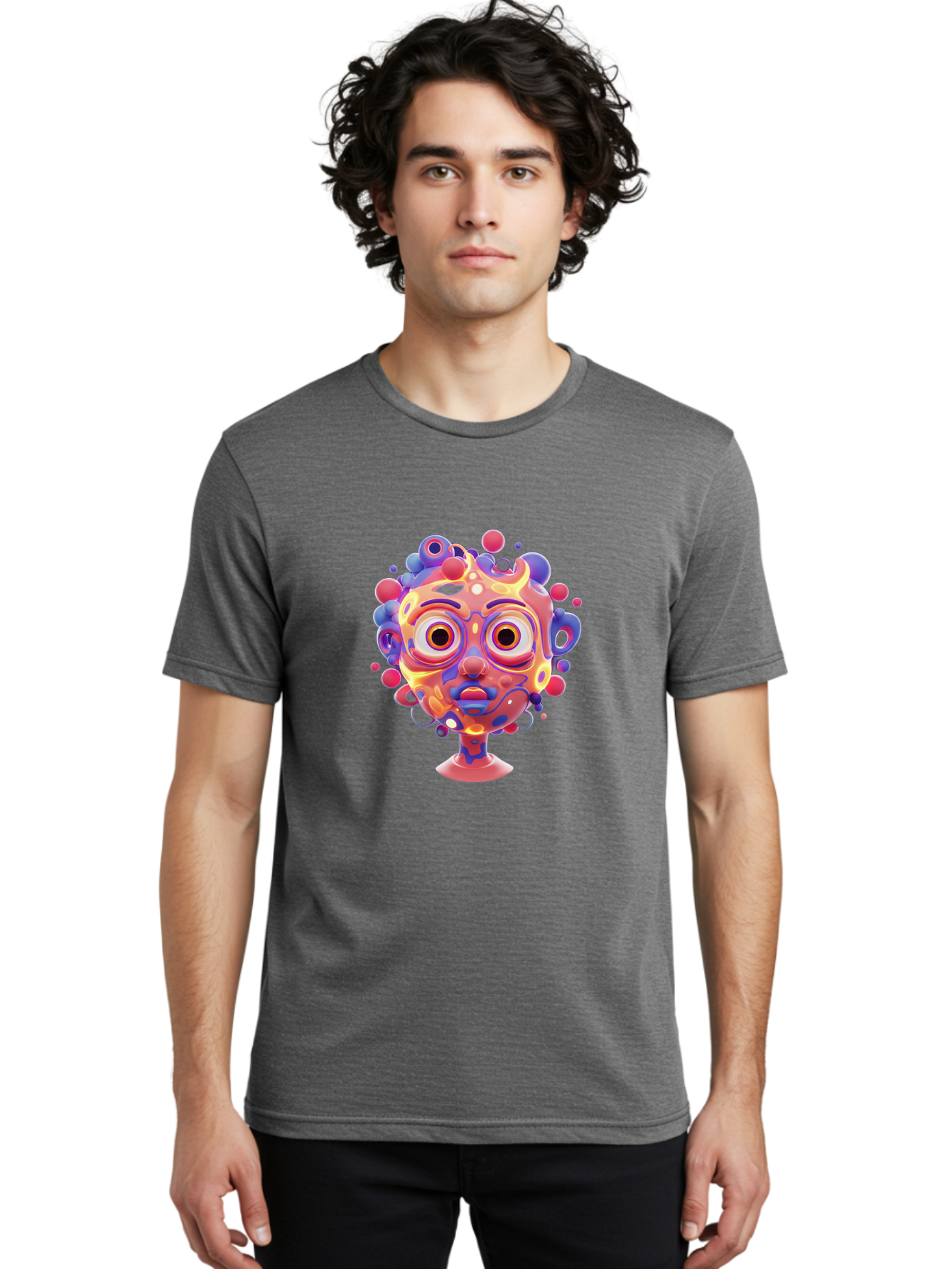 Surreal-Face Men'S Graphic Tee, 100% Cotton, Comfortable Casual Summer Wear, Machine Washable, Surreal Art, Abstract Face, Vibrant Colors, Dreamlike Atmosphere, Psychedelic Design, Futuristic Character, Colorful Eyes Bae792