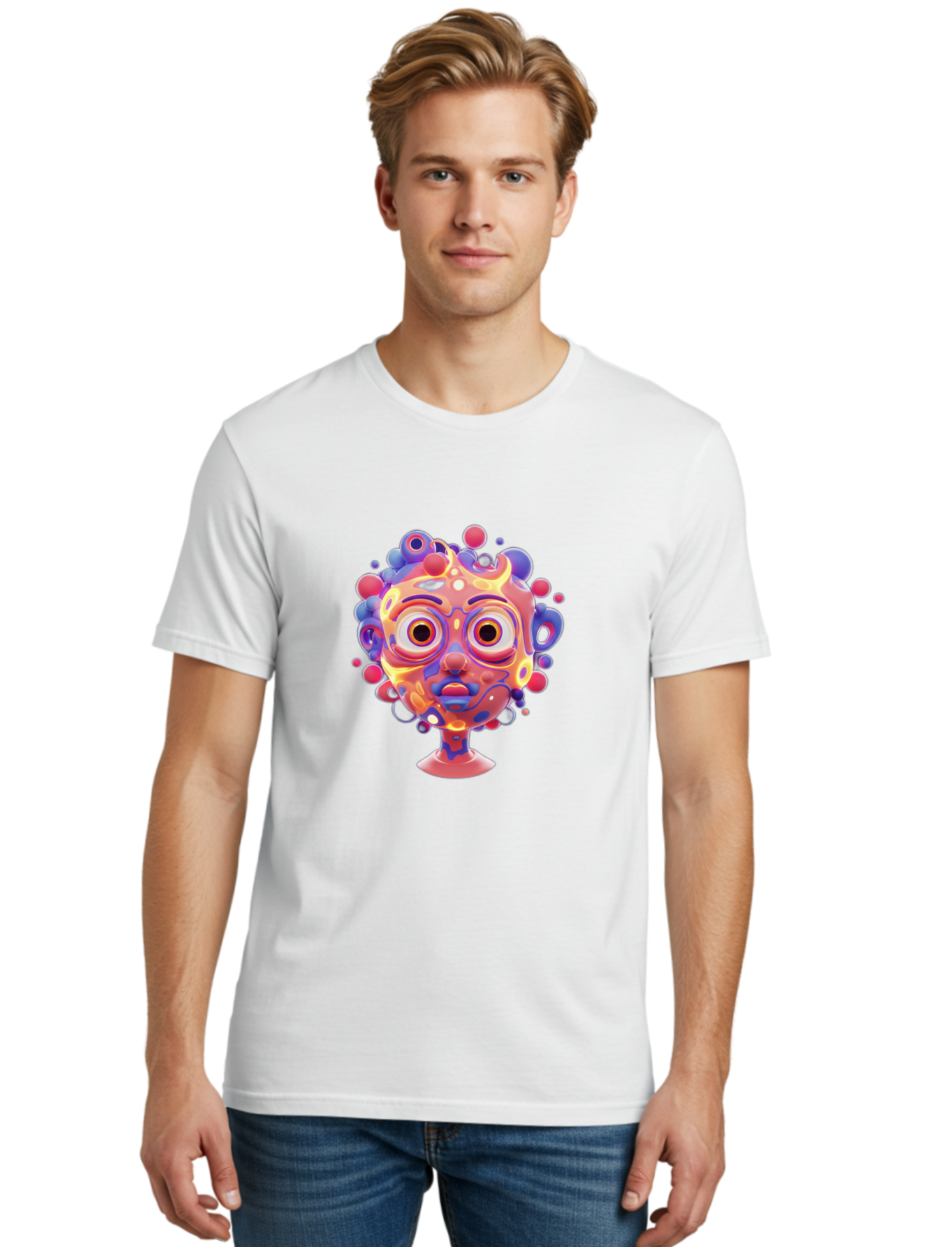 Surreal-Face Men'S Graphic Tee, 100% Cotton, Comfortable Casual Summer Wear, Machine Washable, Surreal Art, Abstract Face, Vibrant Colors, Dreamlike Atmosphere, Psychedelic Design, Futuristic Character, Colorful Eyes Bae792