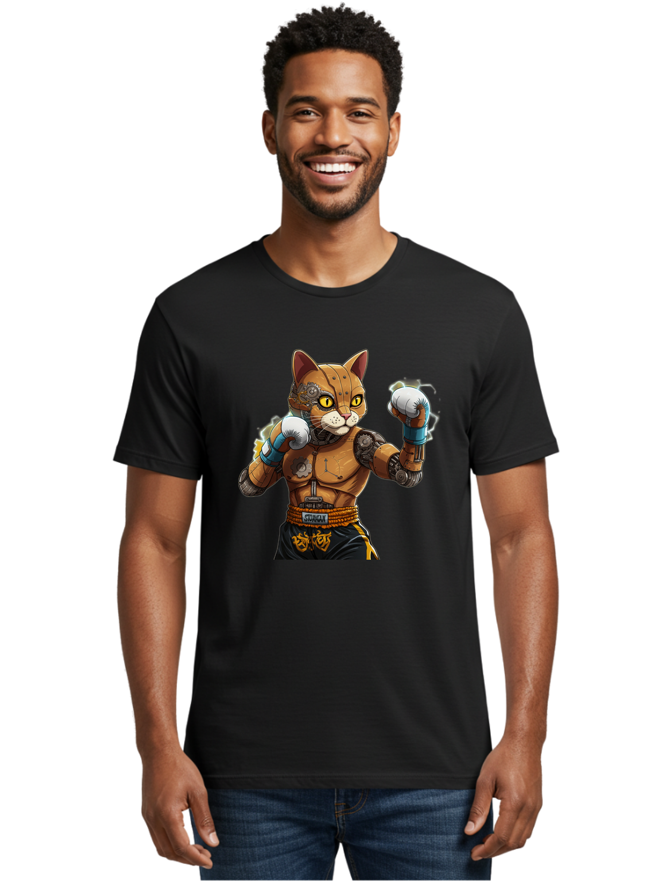 Sworcat Men'S Graphic Tee, 100% Cotton, Comfortable Casual Summer Wear, Machine Washable, Cybernetic Cat, Robotic Feline, Futuristic Illustration, Boxing Cat, Mechanical Cat, Cyberpunk Art, Sci-Fi Creature, Steampunk Cat, Techno Cat, Bae793
