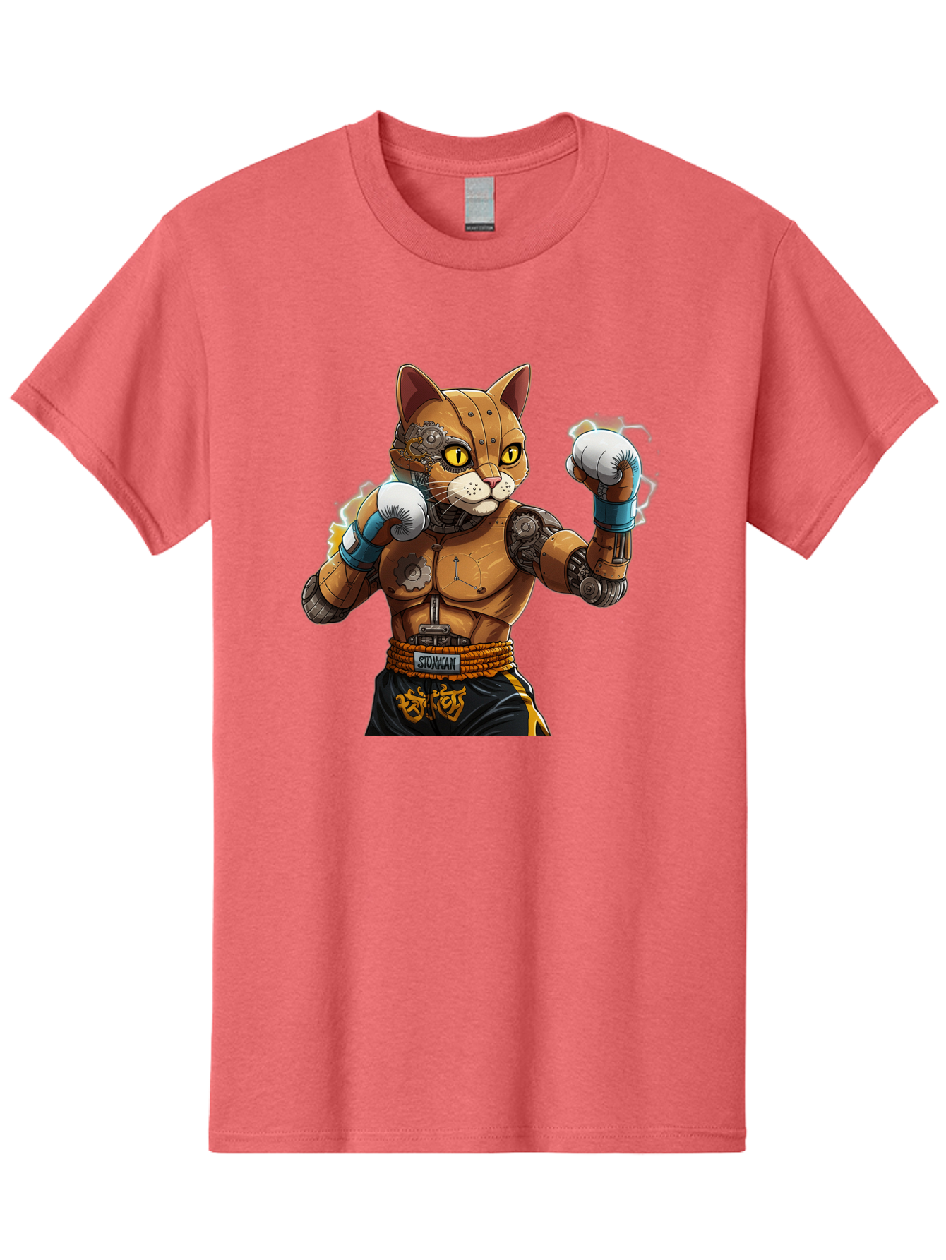Sworcat Men'S Graphic Tee, 100% Cotton, Comfortable Casual Summer Wear, Machine Washable, Cybernetic Cat, Robotic Feline, Futuristic Illustration, Boxing Cat, Mechanical Cat, Cyberpunk Art, Sci-Fi Creature, Steampunk Cat, Techno Cat, Bae793