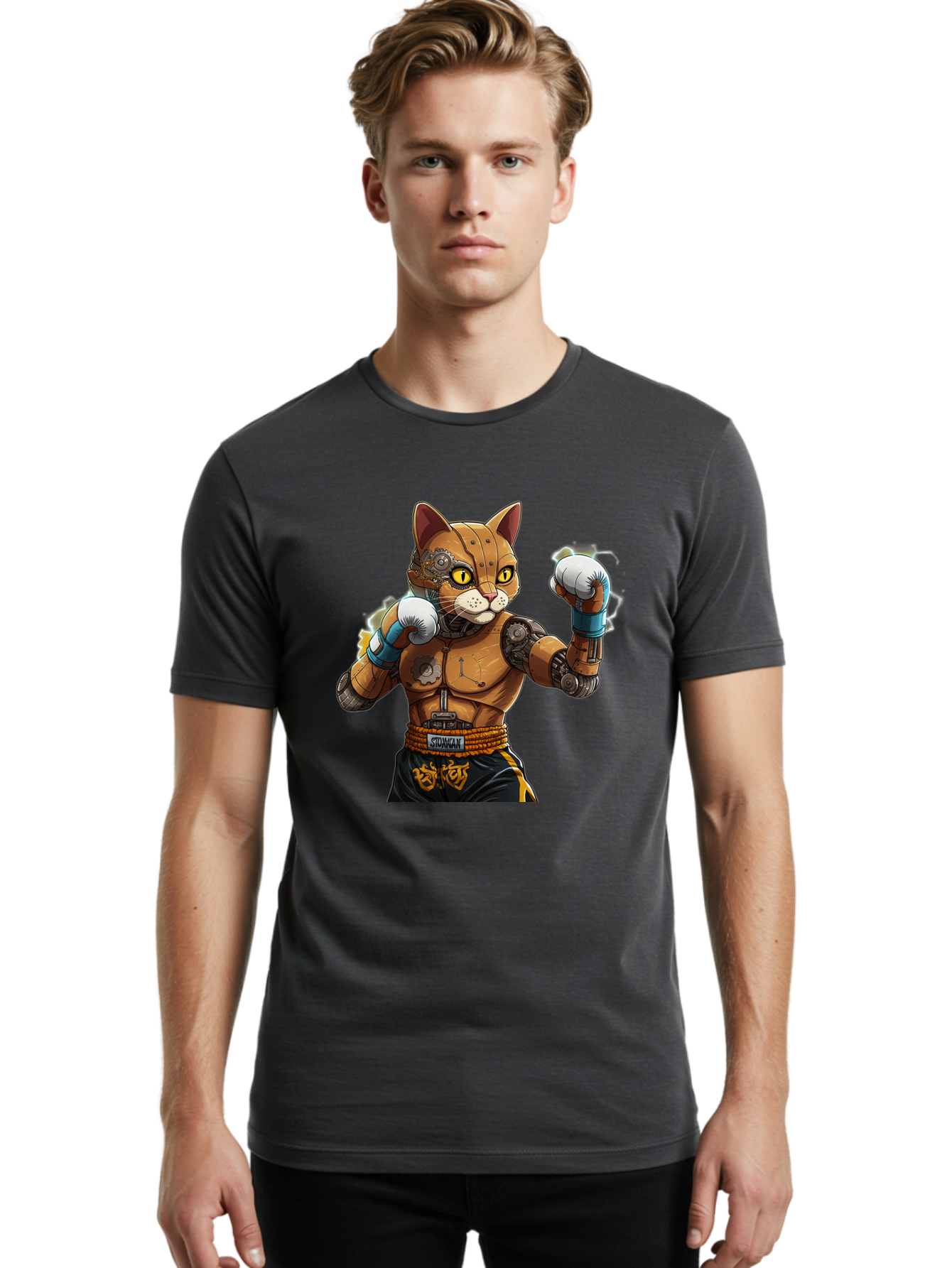 Sworcat Men'S Graphic Tee, 100% Cotton, Comfortable Casual Summer Wear, Machine Washable, Cybernetic Cat, Robotic Feline, Futuristic Illustration, Boxing Cat, Mechanical Cat, Cyberpunk Art, Sci-Fi Creature, Steampunk Cat, Techno Cat, Bae793