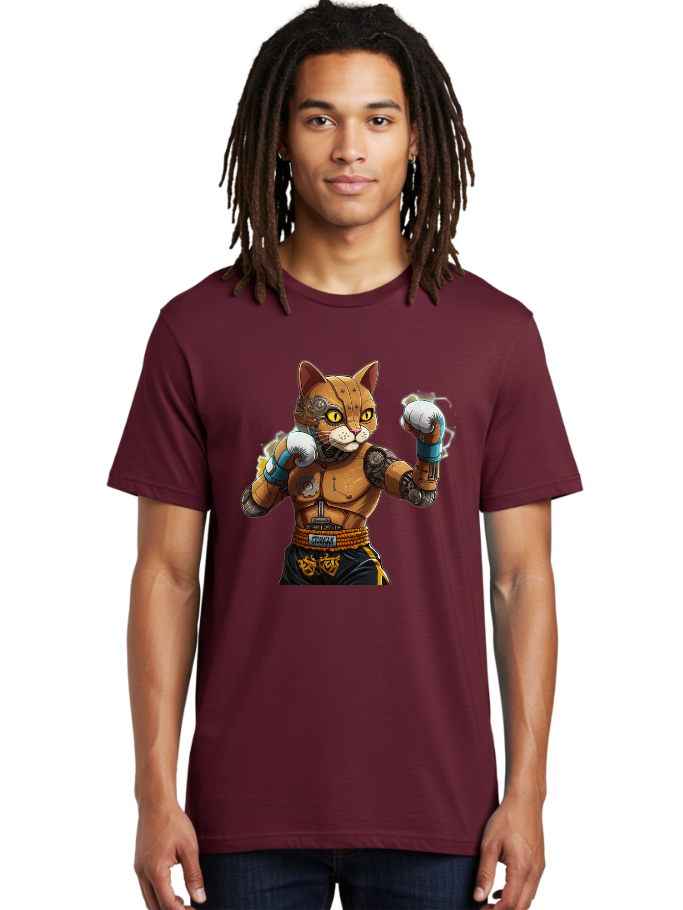 Sworcat Men'S Graphic Tee, 100% Cotton, Comfortable Casual Summer Wear, Machine Washable, Cybernetic Cat, Robotic Feline, Futuristic Illustration, Boxing Cat, Mechanical Cat, Cyberpunk Art, Sci-Fi Creature, Steampunk Cat, Techno Cat, Bae793