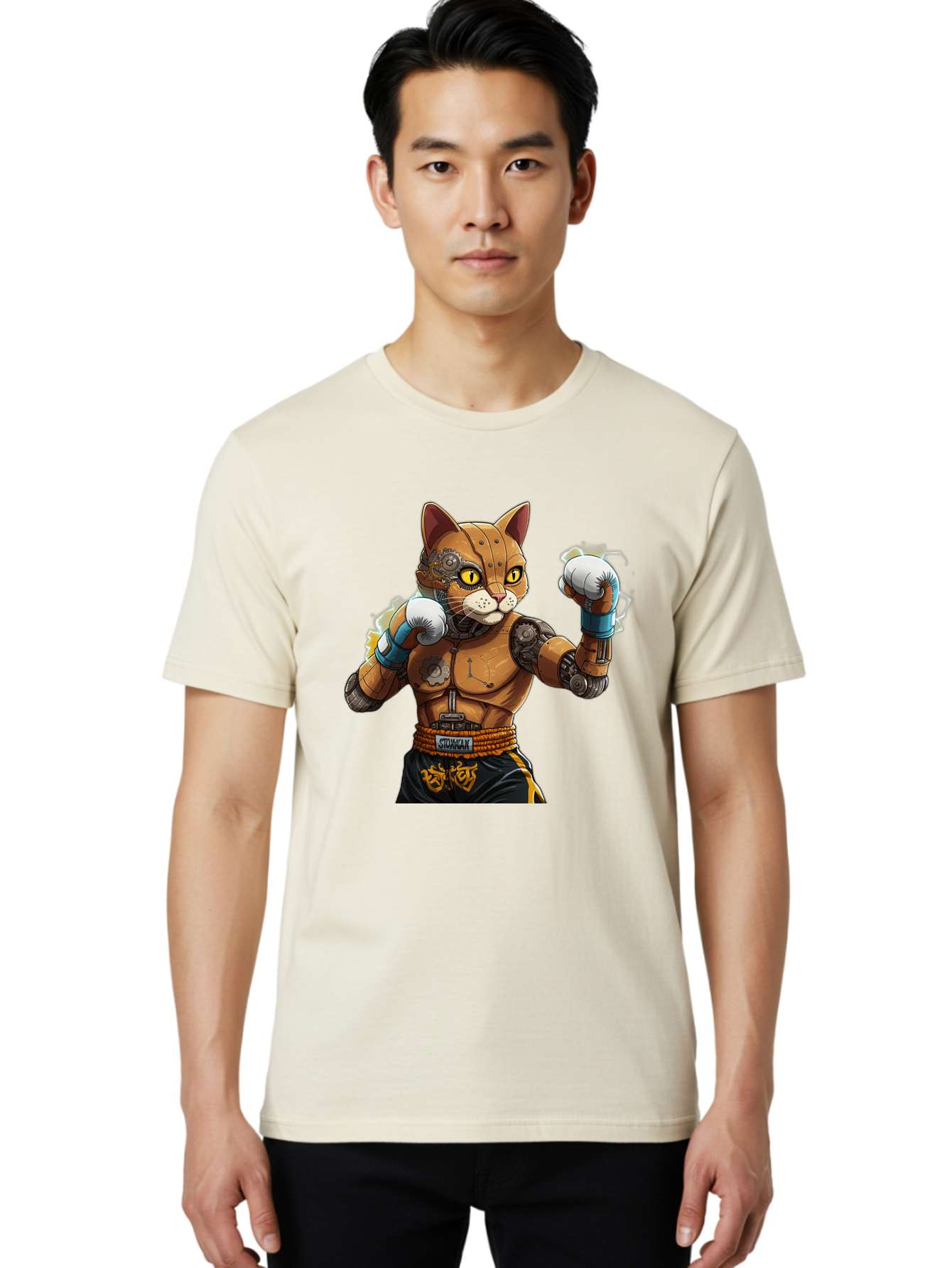 Sworcat Men'S Graphic Tee, 100% Cotton, Comfortable Casual Summer Wear, Machine Washable, Cybernetic Cat, Robotic Feline, Futuristic Illustration, Boxing Cat, Mechanical Cat, Cyberpunk Art, Sci-Fi Creature, Steampunk Cat, Techno Cat, Bae793