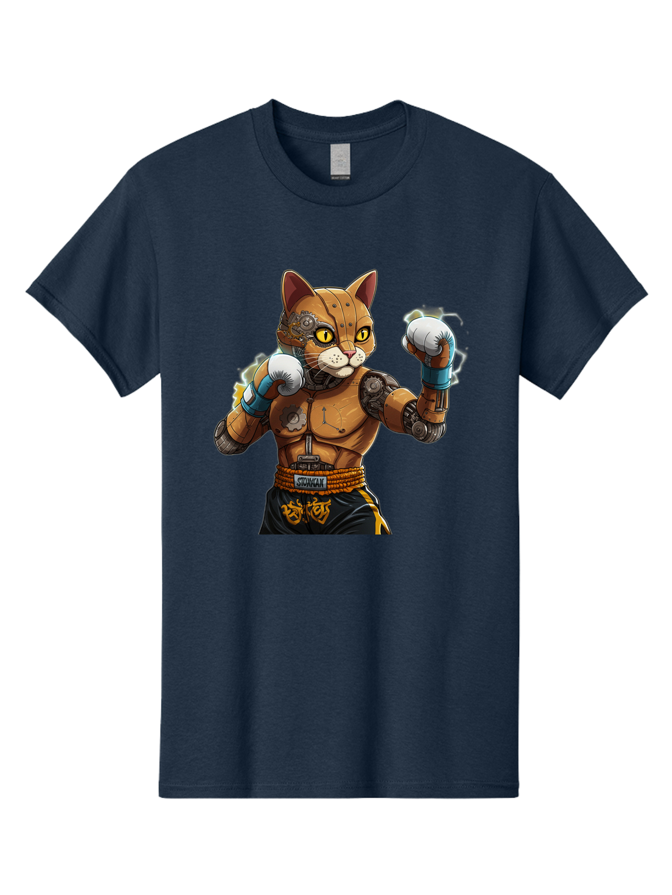 Sworcat Men'S Graphic Tee, 100% Cotton, Comfortable Casual Summer Wear, Machine Washable, Cybernetic Cat, Robotic Feline, Futuristic Illustration, Boxing Cat, Mechanical Cat, Cyberpunk Art, Sci-Fi Creature, Steampunk Cat, Techno Cat, Bae793